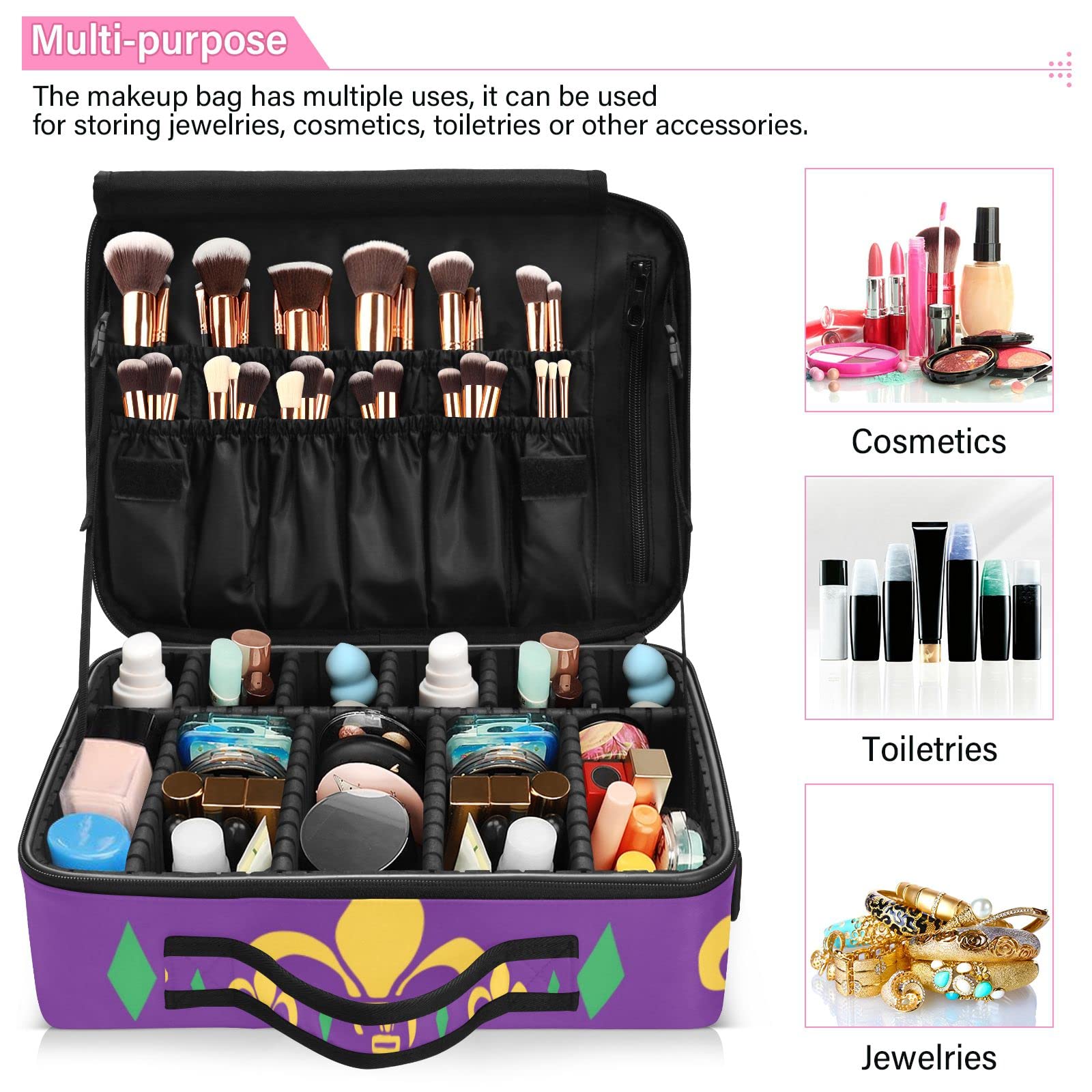 Premium Scottish Highland Cow Makeup Cosmetic Organizer Bag with Adjustable Dividers - Large Toiletry Case for Travel & Storage (Mardi Gras Purple Pattern) - Perfect for Travel, Home Organization & Gift Giving