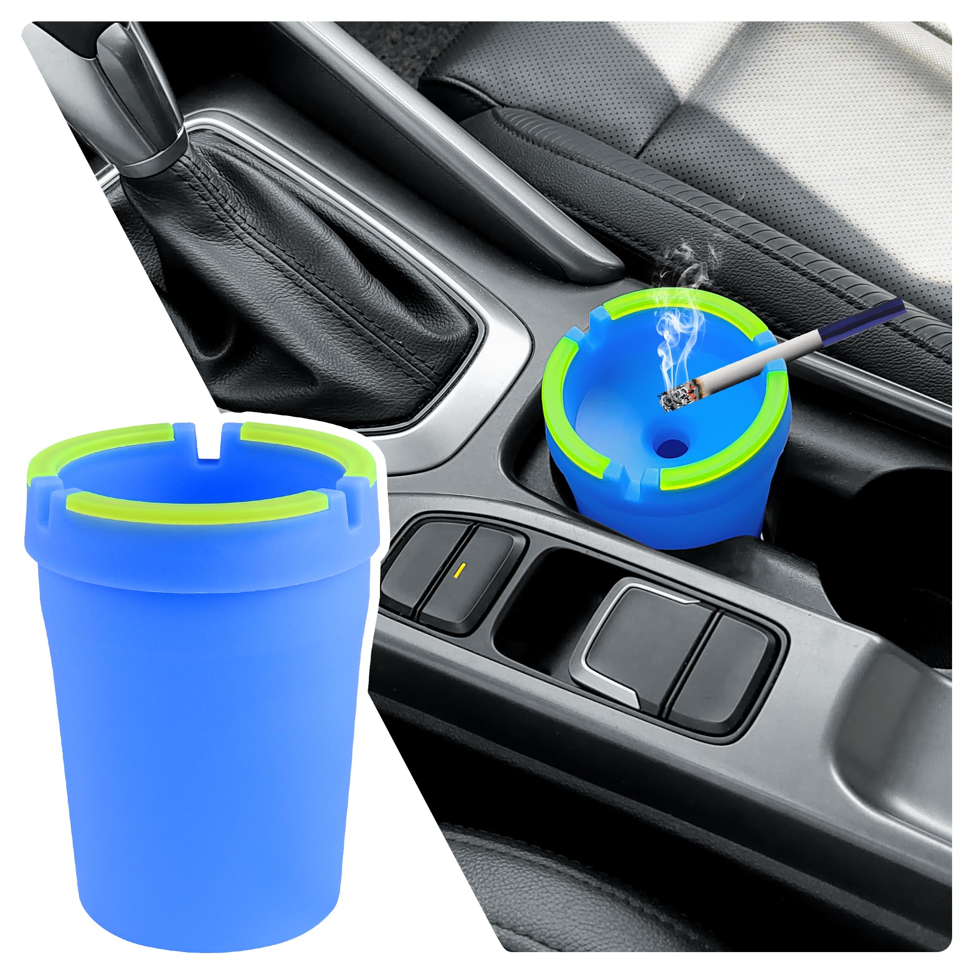 Glow in The Dark Car Ashtray with Lid - Smell Proof Portable Ashtray for Cup Holder, Multifunctional Car Accessories for Truck SUV - Keep Your Car Interior Clean & Tidy (Blue) - Perfect for Road Trips, Camping & Outdoor Smoking