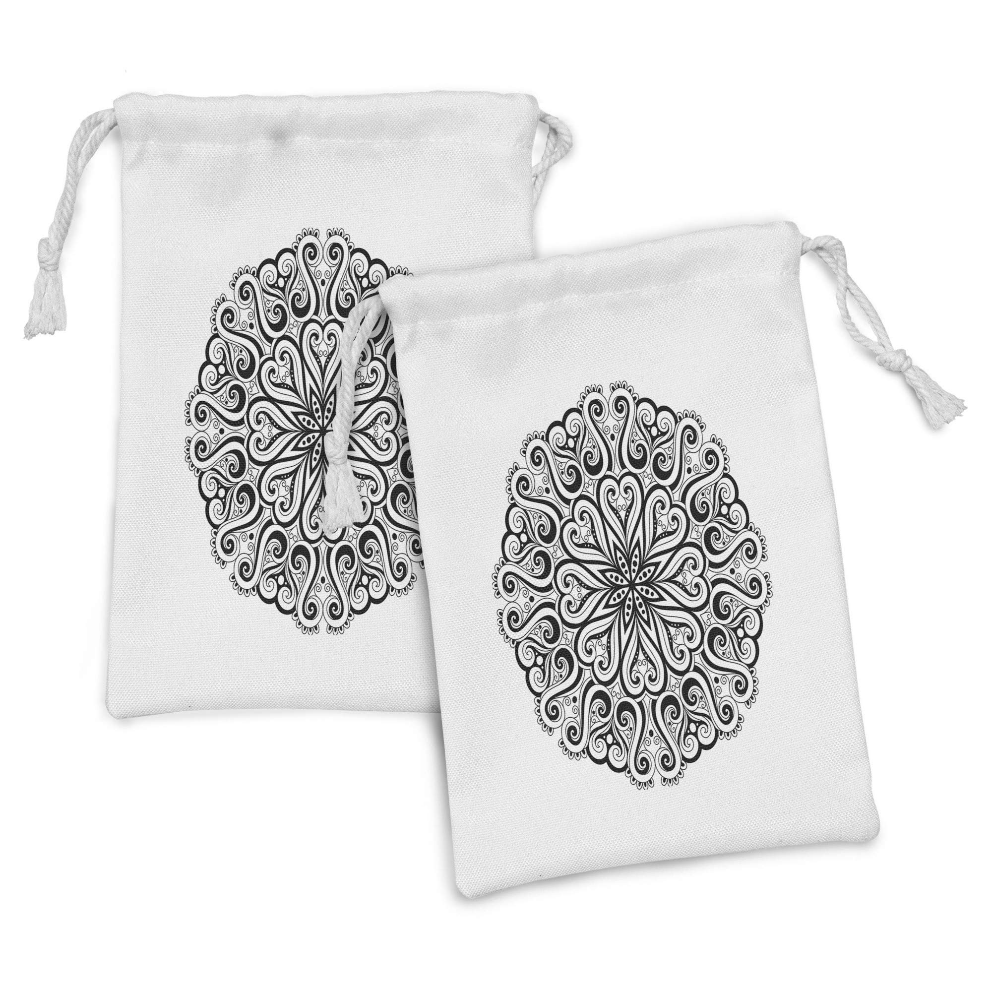 Ambesonne 2-Pack Mandala Fabric Pouch Set - Floral Cosmos Traditional Monochrome Print Drawstring Bags (9