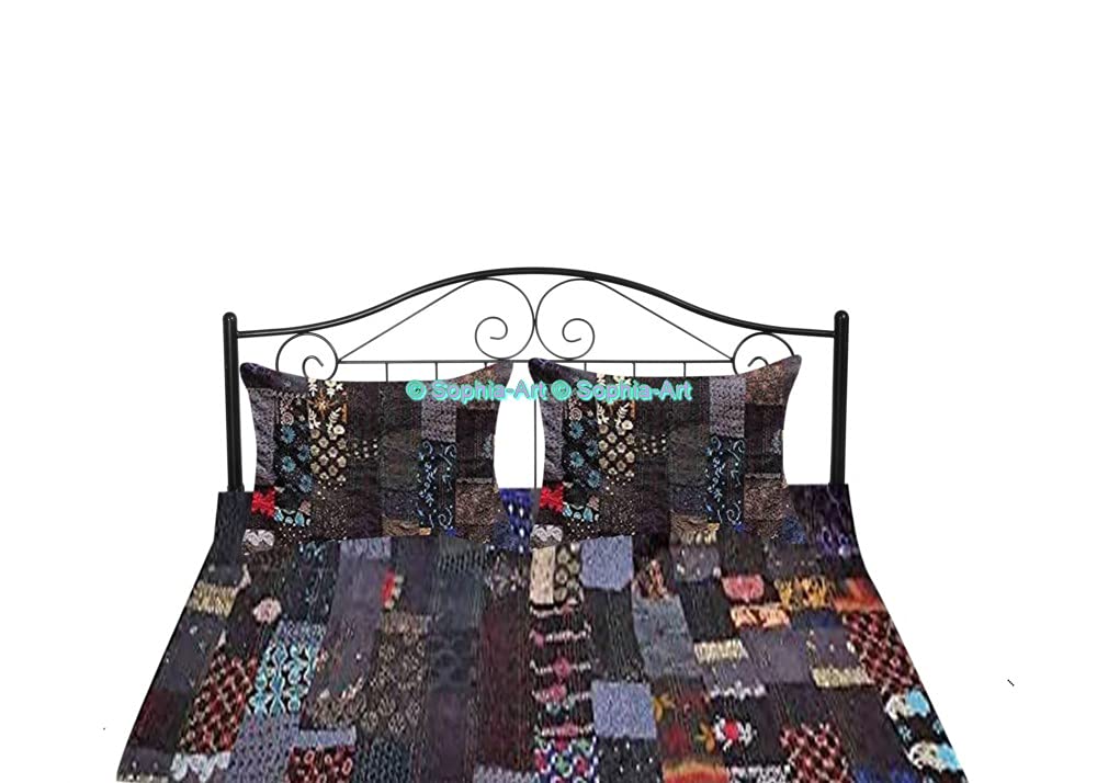 Handmade Vintage Khambadiya Print Jari Patchwork King/Twin Size Embroidered Kantha Quilt - Indian Cotton Bedspread, Decorative Throw Blanket for Bedroom, Sofa & Home Decor