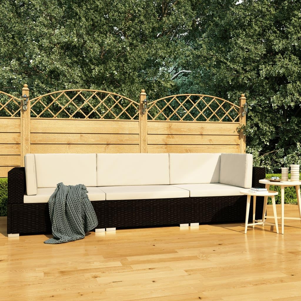 3 Piece Patio Sofa Set with Cushions - Durable Poly Rattan Outdoor Furniture in Black - Perfect for Garden, Backyard, and Poolside Relaxation