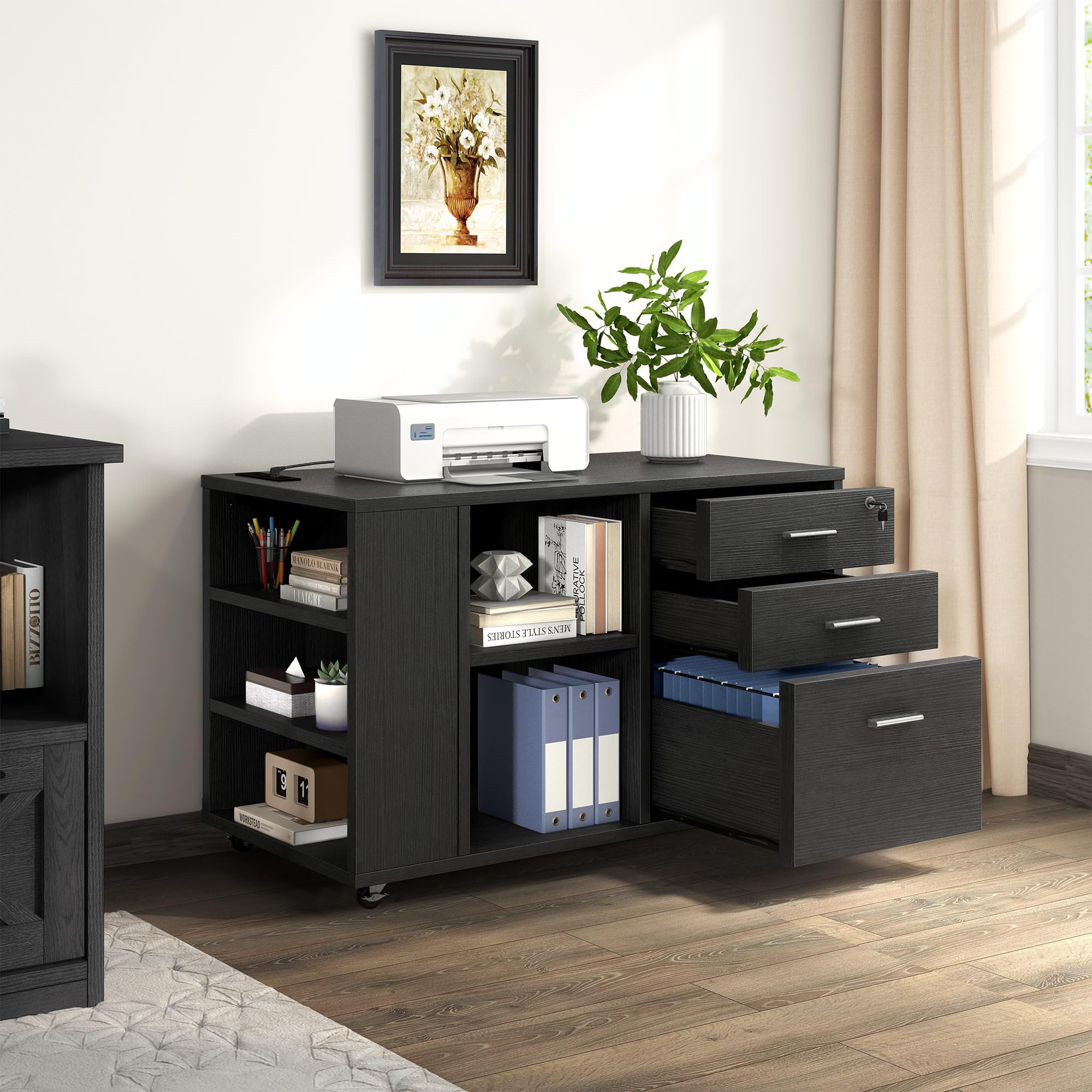 DWVO 3-Drawer File Cabinet with Lock - Mobile Office Storage Solution, Printer Stand with Charging Station for Home & Office Organization - Perfect for Small Spaces & Workspaces (Black)