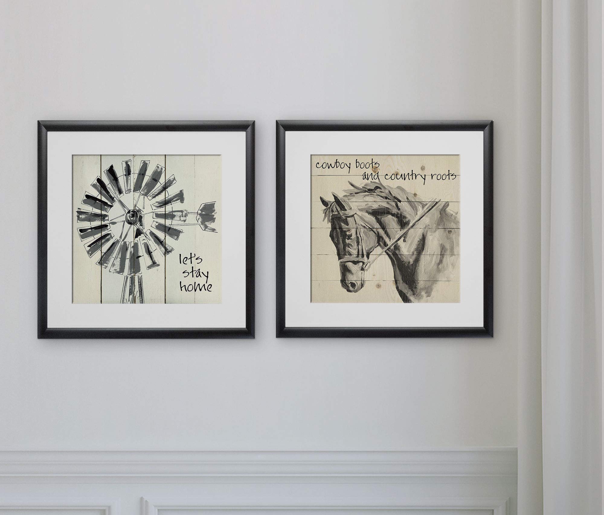 Wexford Home Let's Stay Home - 2 Piece Set Black Wall Art Prints 16x16 Inches for Living Room, Bedroom & Office Decor