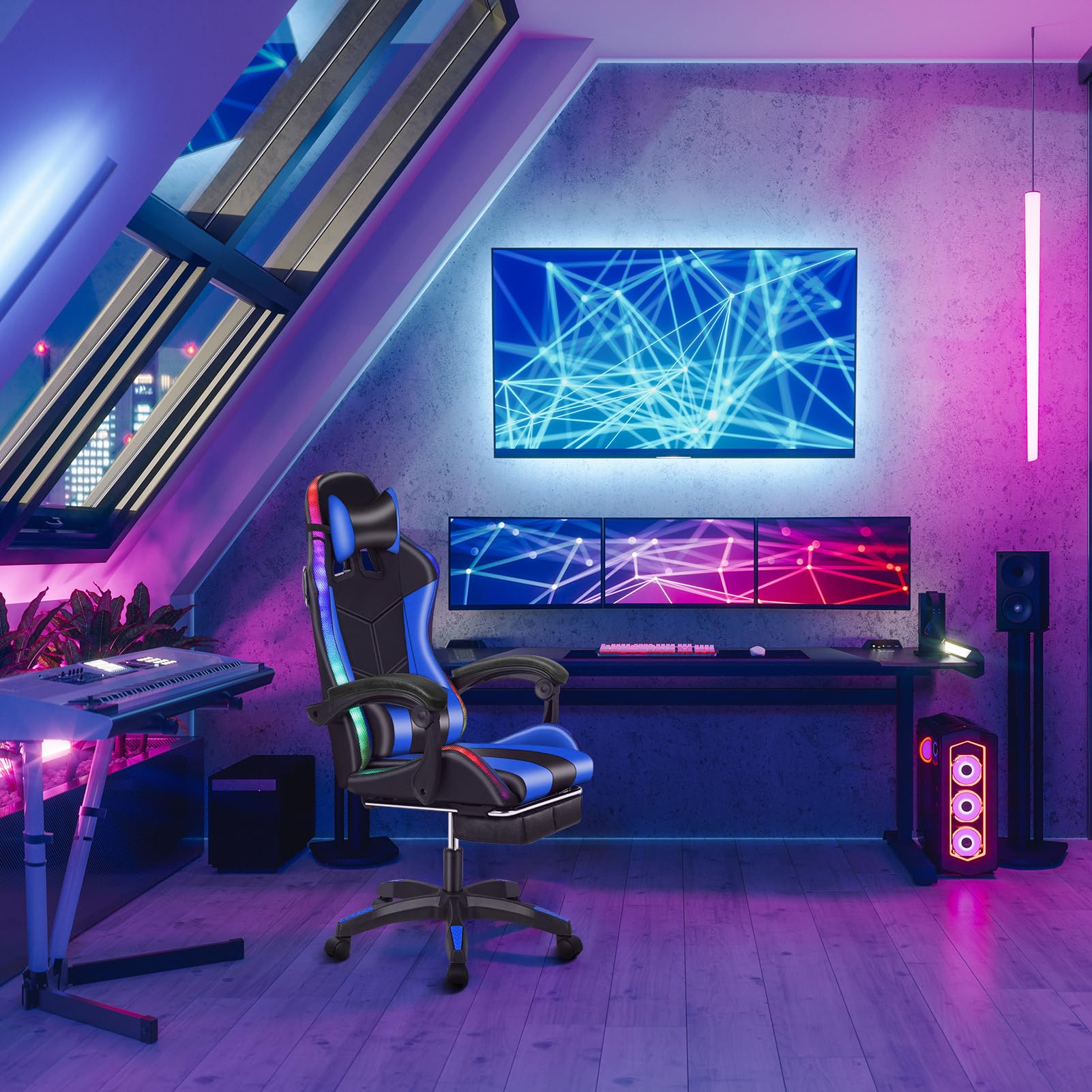Bluetooth Gaming Chair with Built-in Speakers, RGB LED Lights & Adjustable Footrest - Ergonomic Massage Office Computer Chair with Lumbar Support for Adults (Black Blue) - Perfect for Esports, Streaming & Home Office Setup