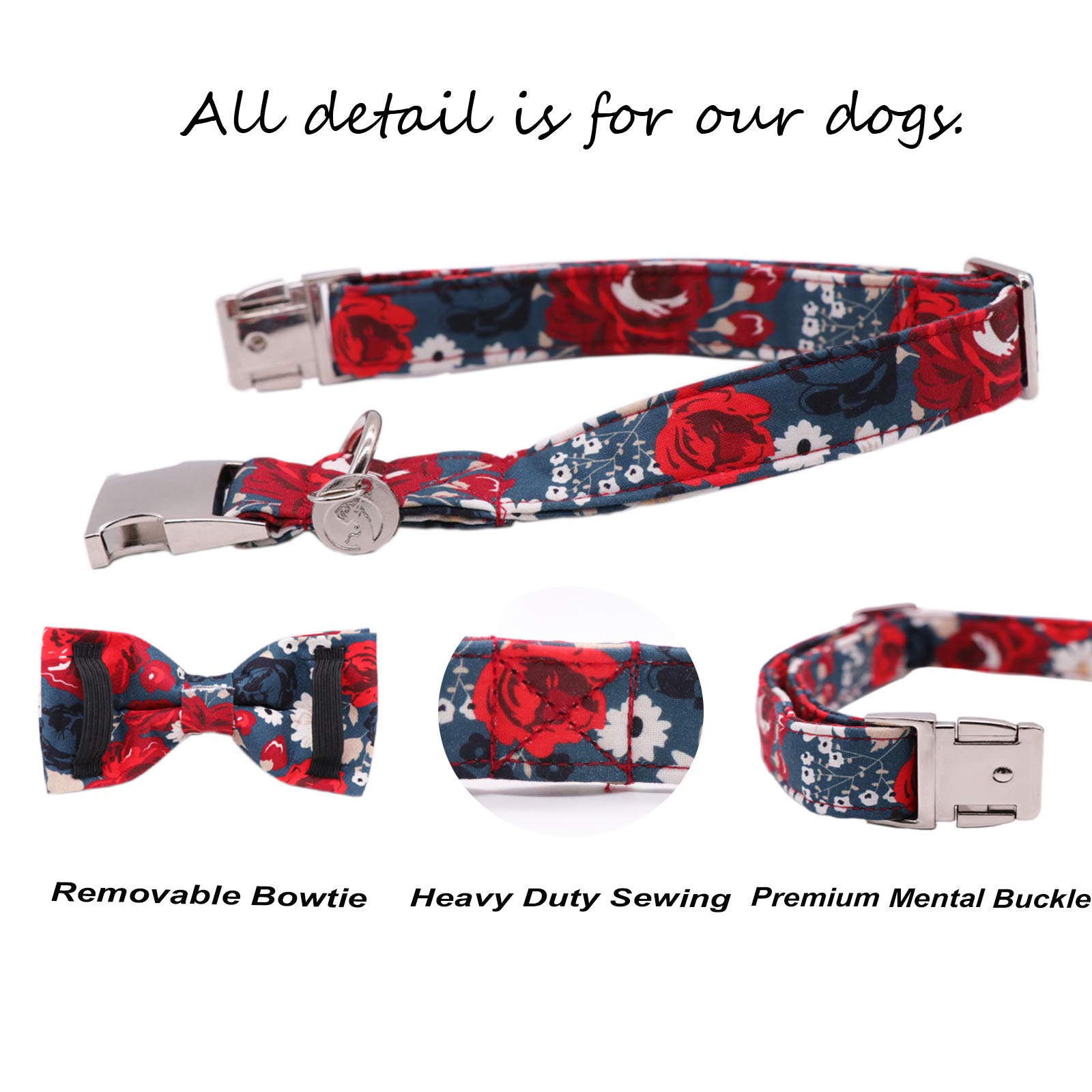 DOGWONG Adjustable Cotton Dog Collar with Floral Print & Bow - Heavy Duty Pet Collar for Small, Medium & Large Dogs - Perfect for Daily Walks, Training & Fashion Accessories