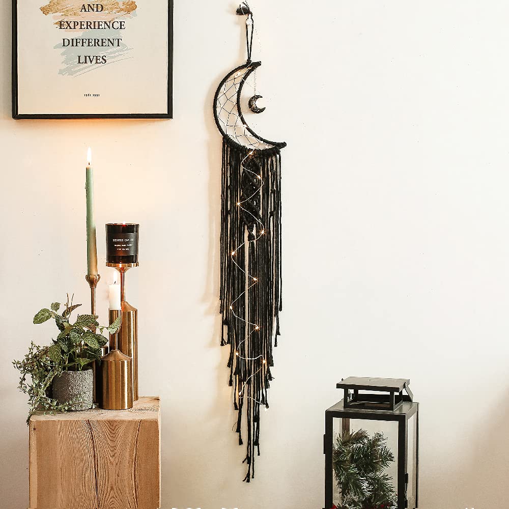 Black Moon Dream Catcher with LED Lights - Boho Chic Wall Hanging for Bedroom Decor, Spiritual Gift for Women & Girls - Perfect for Meditation Rooms, Dorm Decor & Housewarming Gifts