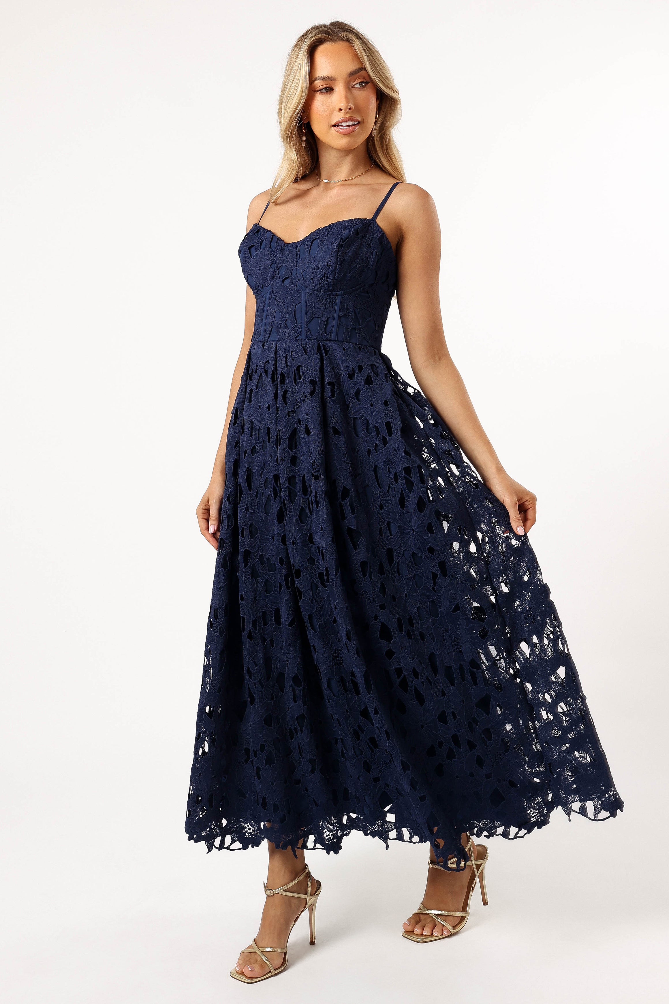 Byron Lace Midi Dress Navy Blue - Elegant Floral Pattern Formal Dress for Women, Perfect for Weddings, Parties & Special Occasions