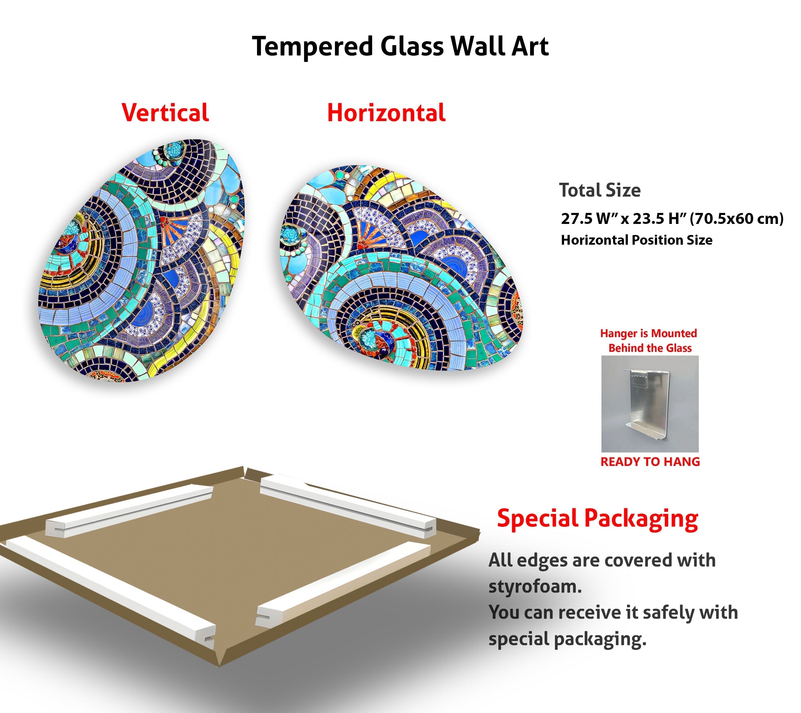Blue Mosaic Style Oval Glass Wall Art - Handmade Decorative Mirror for Living Room, Bedroom & Bathroom - Perfect for Home Decor, Gifts & Interior Design
