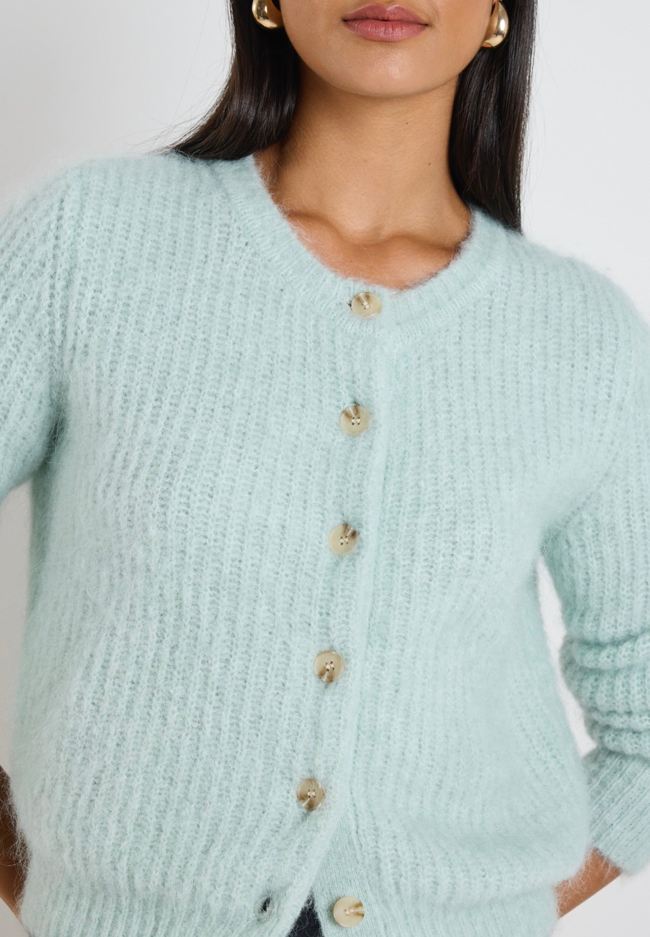 Stylish Compound Sea Foam Mohair Blend Crewneck Cardigan - Soft Chunky Knit Sweater for Women | Perfect for Fall & Winter Layering, Casual Outfits, and Cozy Home Wear