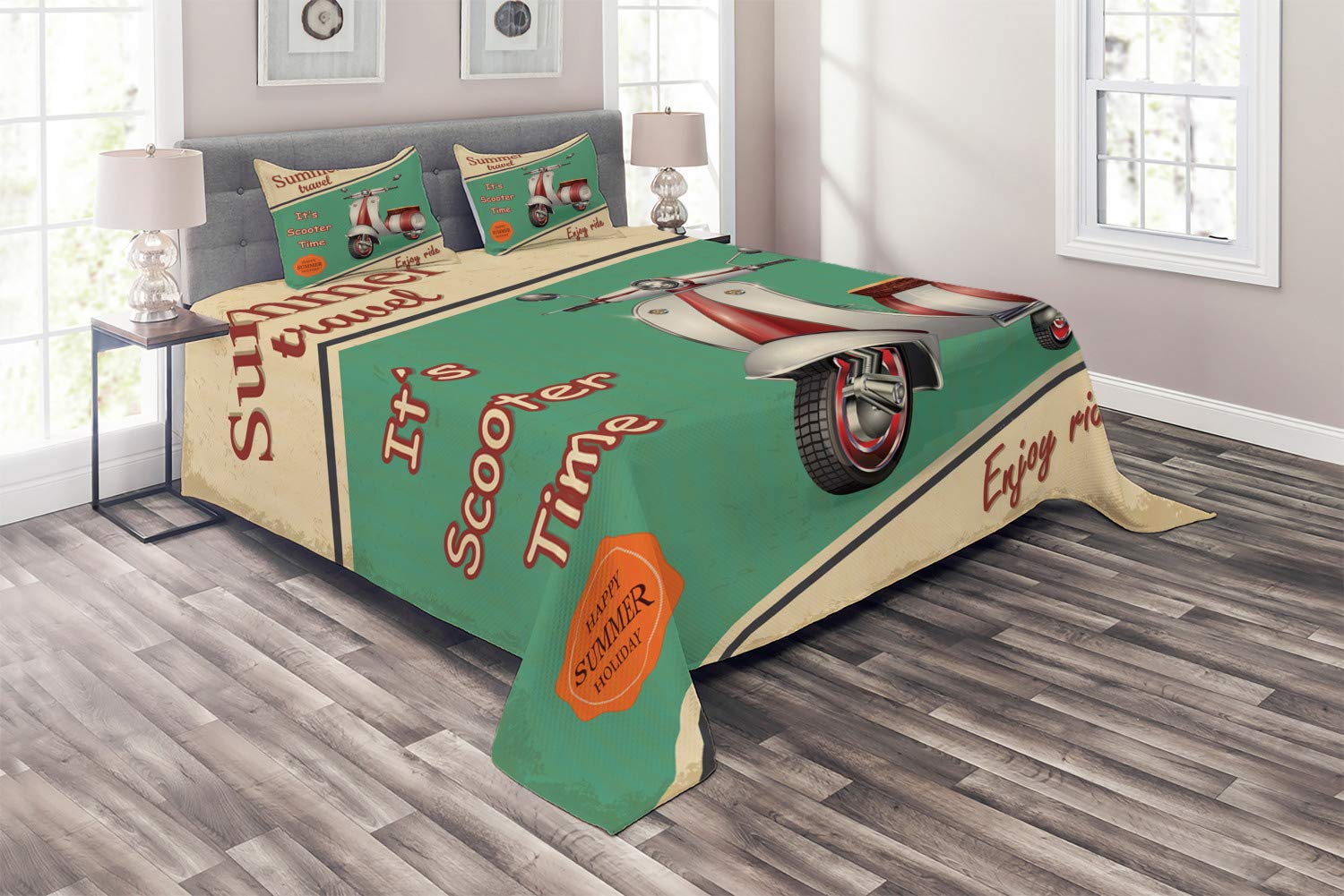 Ambesonne Vintage Scooter Motorbike Travel Quilted Bedspread Set - 3 Piece King Size Bedding with 2 Pillow Shams, Italian City Sight Hipster Design, Multicolor | Perfect for Bohemian Bedroom Decor, Guest Room Makeover & Motorcycle Enthusiast Gifts
