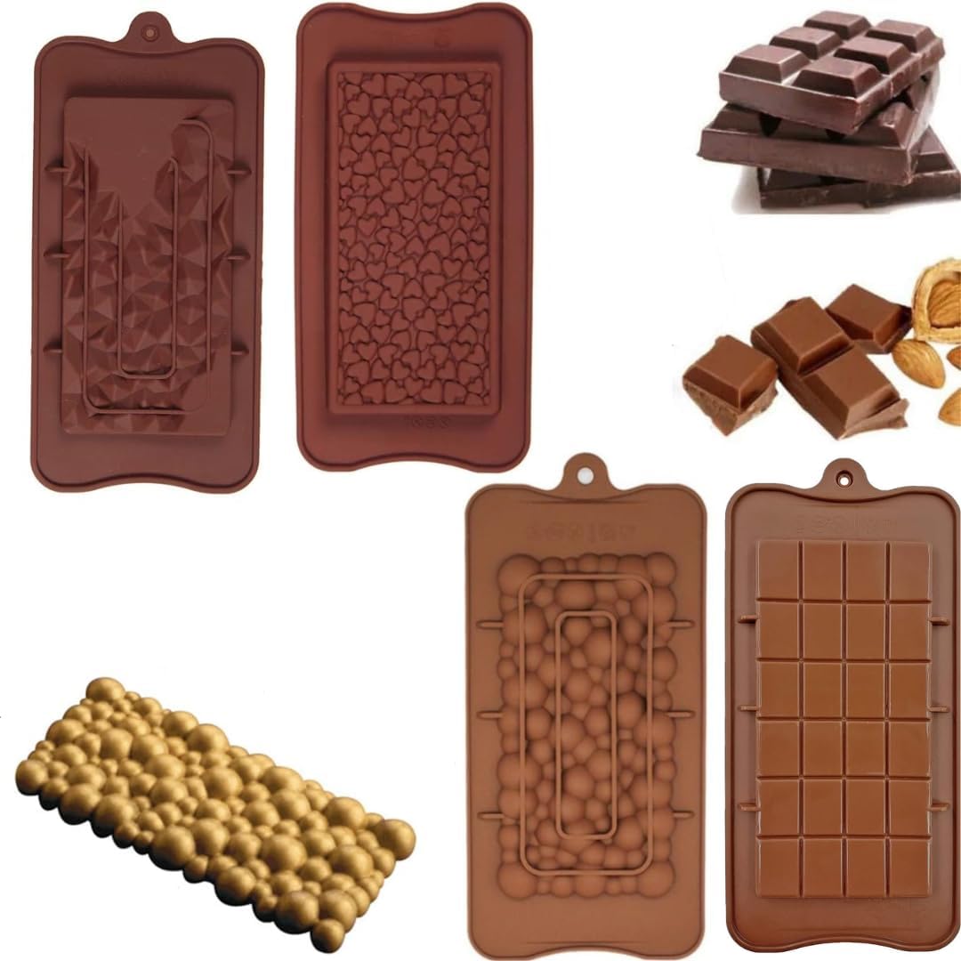 LEGACYCART 4 Pack Silicone Chocolate Molds - Food Grade, Non-Stick, Break-Apart Candy Molds for Heart, Cadbury, Bubble & Fragment Shapes - Perfect for Homemade Protein Bars, Energy Snacks & DIY Chocolate Treats