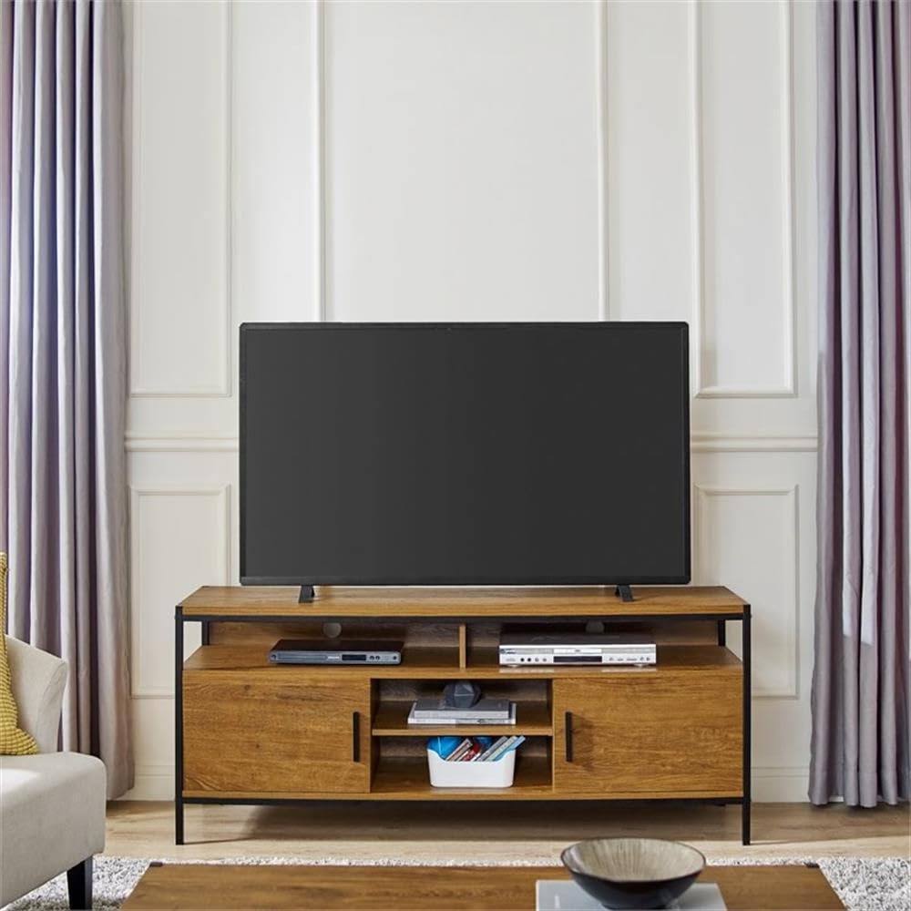 CAFFOZ Wide TV Media Stand with Storage Shelves & Doors - Sturdy Brown Oak Wood Look Entertainment Center with Metal Frame - Easy Assembly for Living Room, Bedroom & Home Theater Setup