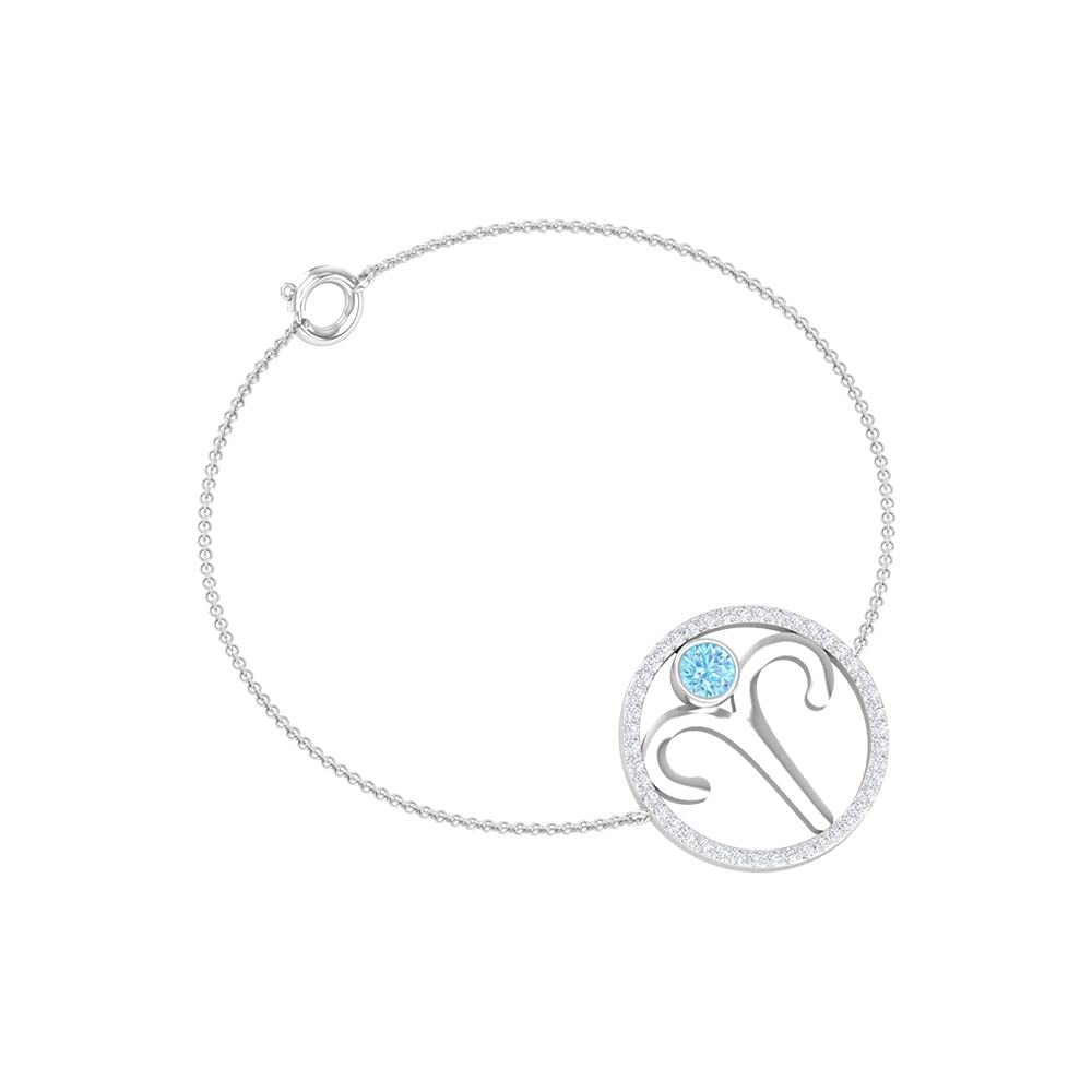 14K Solid Gold Aquamarine Aries Zodiac Bracelet with Diamond Accent - March Birthstone Jewelry for Women | Rosec Jewels | Perfect Gift for Birthday, Anniversary & Special Occasions