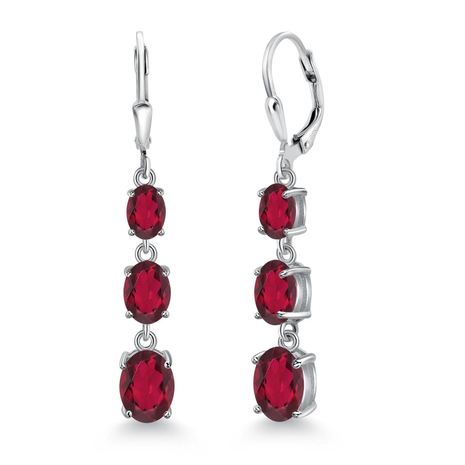 Gem Stone King 3-Stone Leverback Drop Dangle Earrings for Women - 925 Sterling Silver Birthstone Jewelry | Oval 8x6mm, 7x5mm & 6x4mm Gemstones | Elegant Gift for Mom, Wife, Her | Perfect for Weddings, Anniversaries & Special Occasions