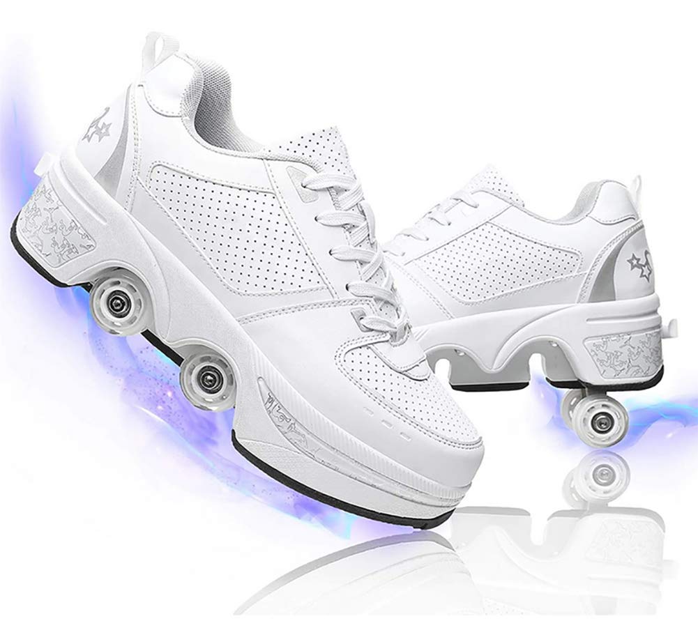 Double Deform Wheel Automatic Walking & Skating Shoes for Men, Women & Kids - 2 in 1 Removable Pulley Roller Shoes for Indoor/Outdoor Use - Perfect for Commuting, Fitness & Fun Activities