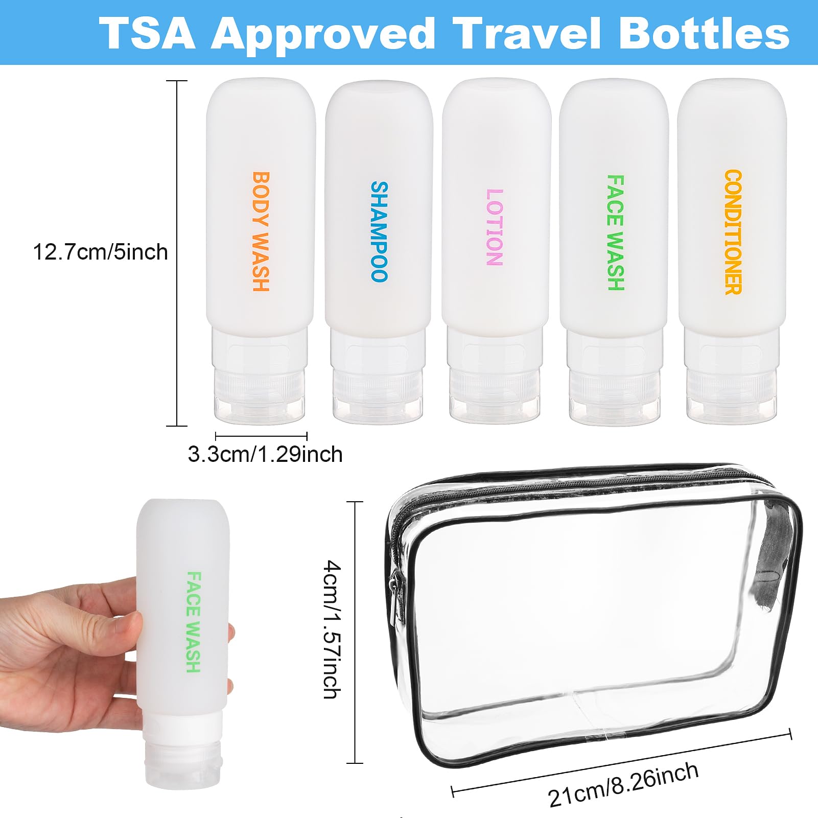 5-Pack 3oz TSA Approved Leak-Proof Travel Bottles - Auto-Rebound Squeezable Silicone Toiletry Containers with Transparent Toiletry Bag | Perfect for Air Travel, Gym, Camping & Vacation Essentials