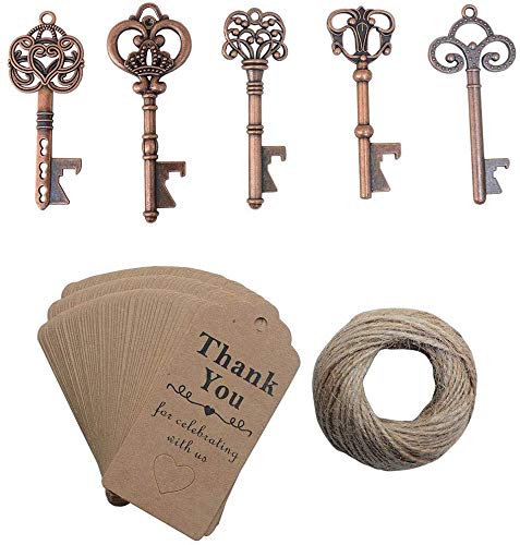 50 Pcs Vintage Copper Skeleton Key Bottle Openers with 100 Thank You Cards & 98ft Natural Hemp Rope - Unique Wedding Favors, Party Gifts, Bridal Shower Supplies for Rustic, Vintage, and Boho-Themed Events