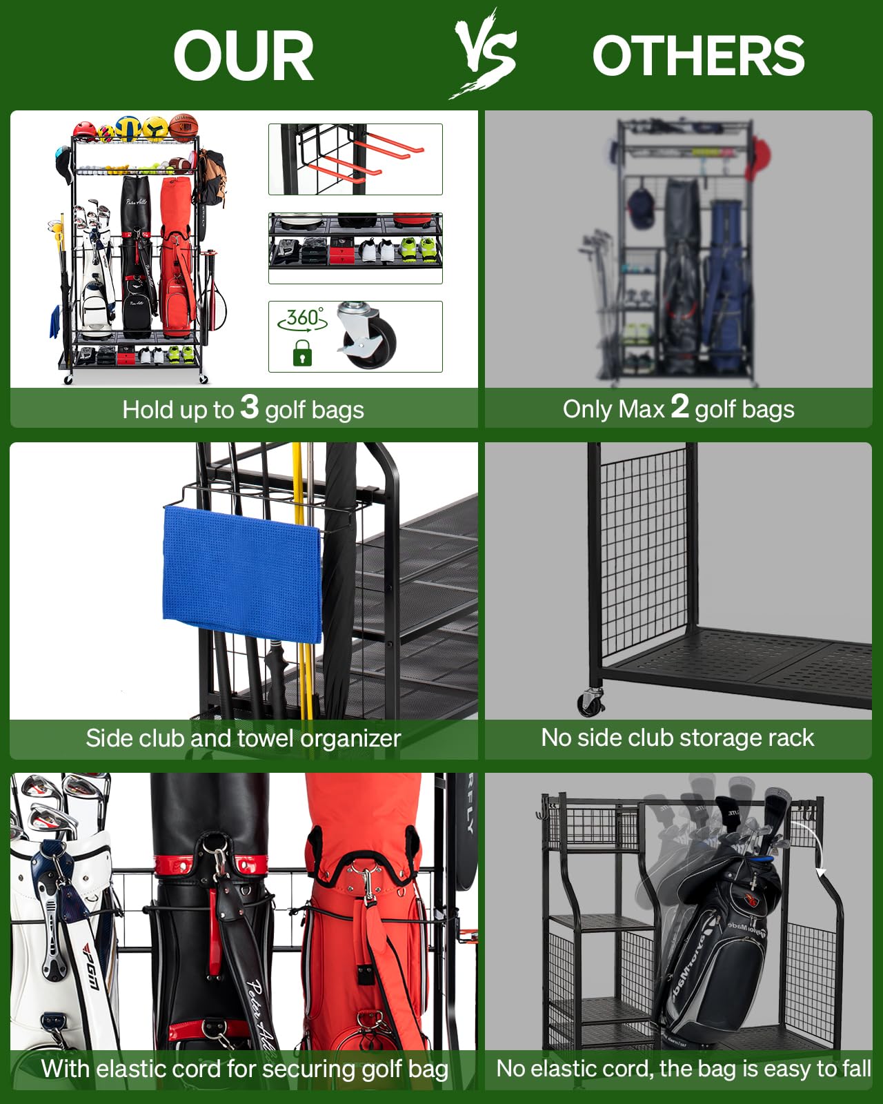 Heavy Duty Golf Bag Storage Rack with Wheels - 3 Golf Bag Stand Organizer for Garage, 4 Hooks & Extra Golf Club Display - Perfect for Golf Equipment Storage & Sports Gear Organization (Ideal for Home Garage, Basement, or Clubhouse Storage)