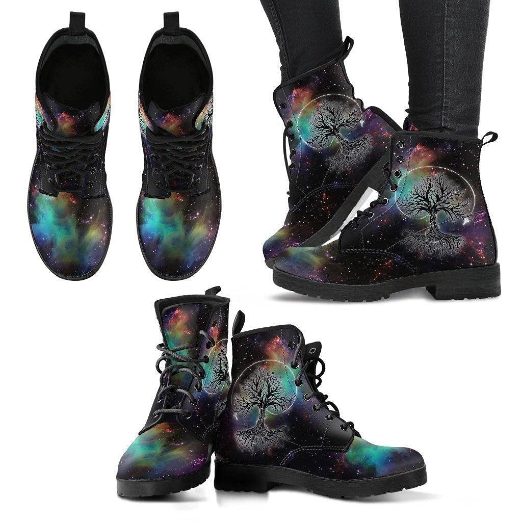 Galactic Tree of Life Memory Foam Boots - All Season Vegan Leather Combat Boots for Women & Men | Comfortable Lace Up Ankle Booties for Walking, Hiking & Casual Outfits