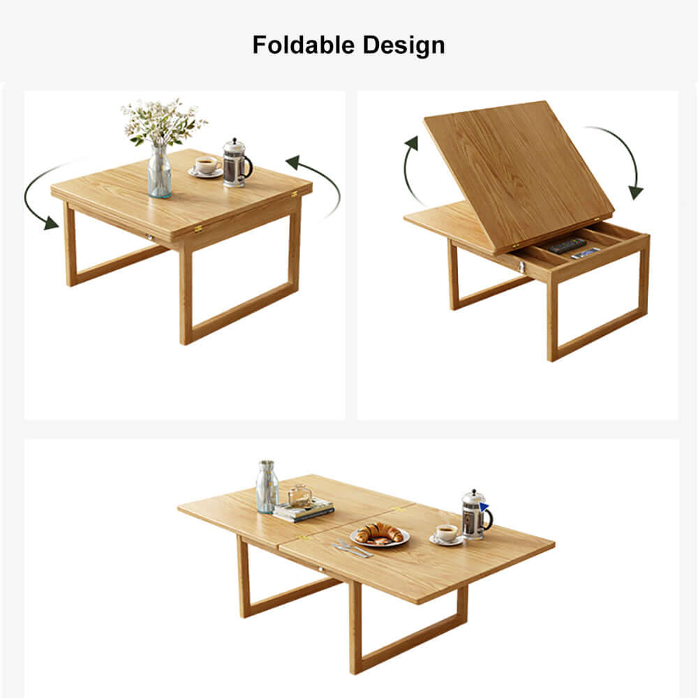 Modern Japandi Style Wooden Folding Coffee Table Set with Rattan Nesting Accent - Space-Saving Dining Table for Small Living Rooms, Apartments & Outdoor Patios