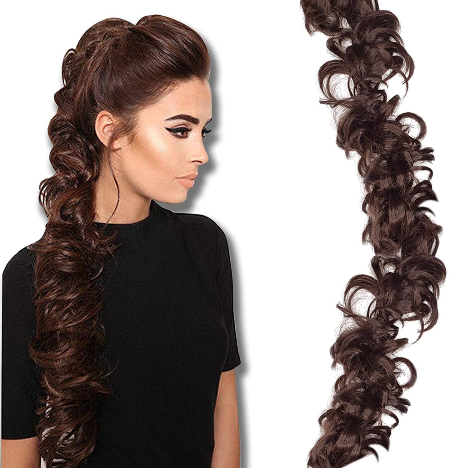 FLUSHIA Messy Frill Hair Extension for Juda Bun Maker - Ponytail Extension - 1 Pack Brown Hairpiece for Women - Perfect for Parties, Weddings & Cosplay