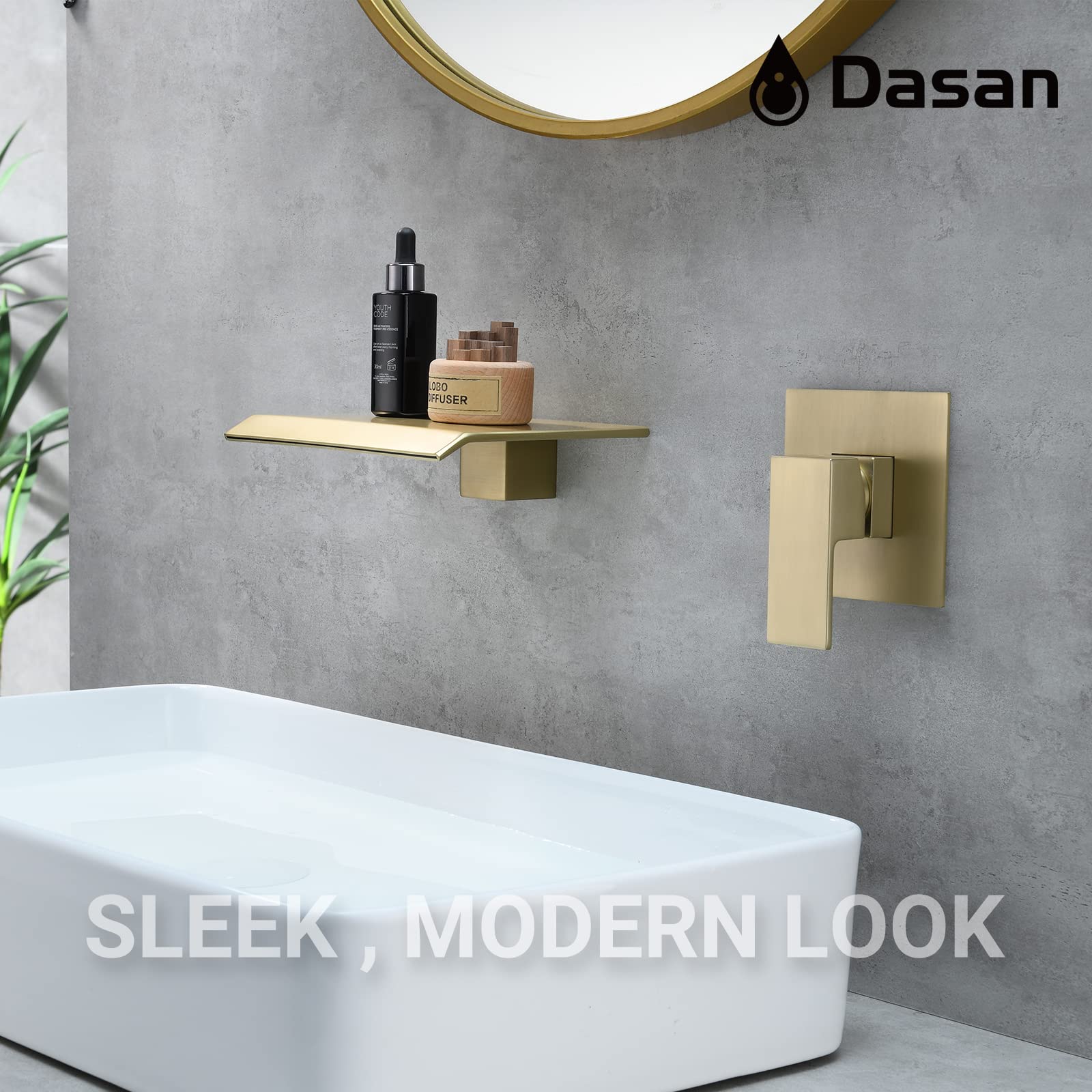 Brushed Gold Wall Mount Waterfall Bathroom Faucet - Single Handle Modern Wall Mounted Sink Faucet with Upgraded Rough-in Valve (DA-TFD3BG-NH) - Perfect for Spa-Like Bathrooms, Luxury Hotels, and Contemporary Home Decor