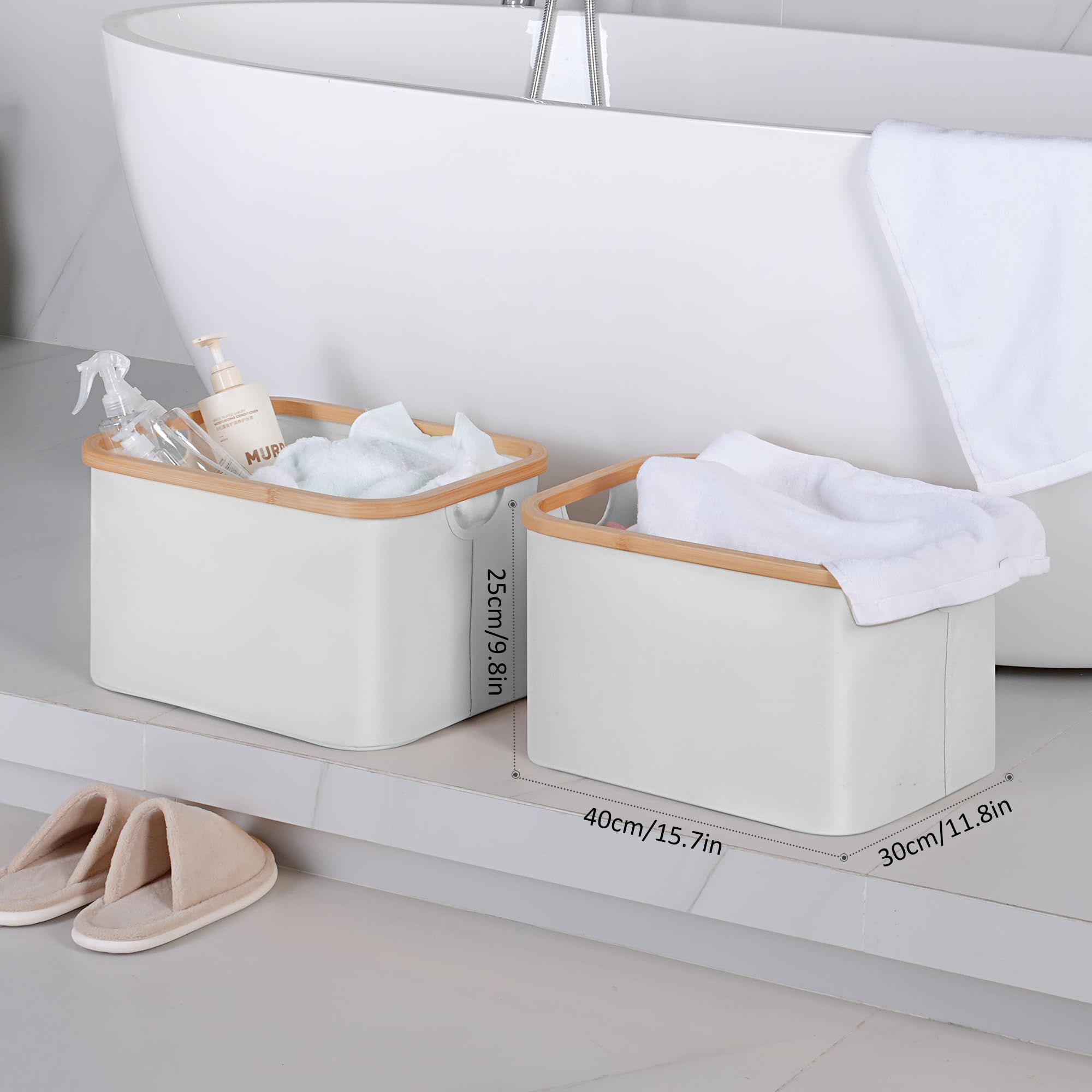 2-Pack Collapsible Storage Baskets with Bamboo Handles - Foldable Rectangle Closet Organizer for Toys, Books, Shelves & Wardrobe - Light Grey Home Organization Solution for Bedroom, Nursery & Office