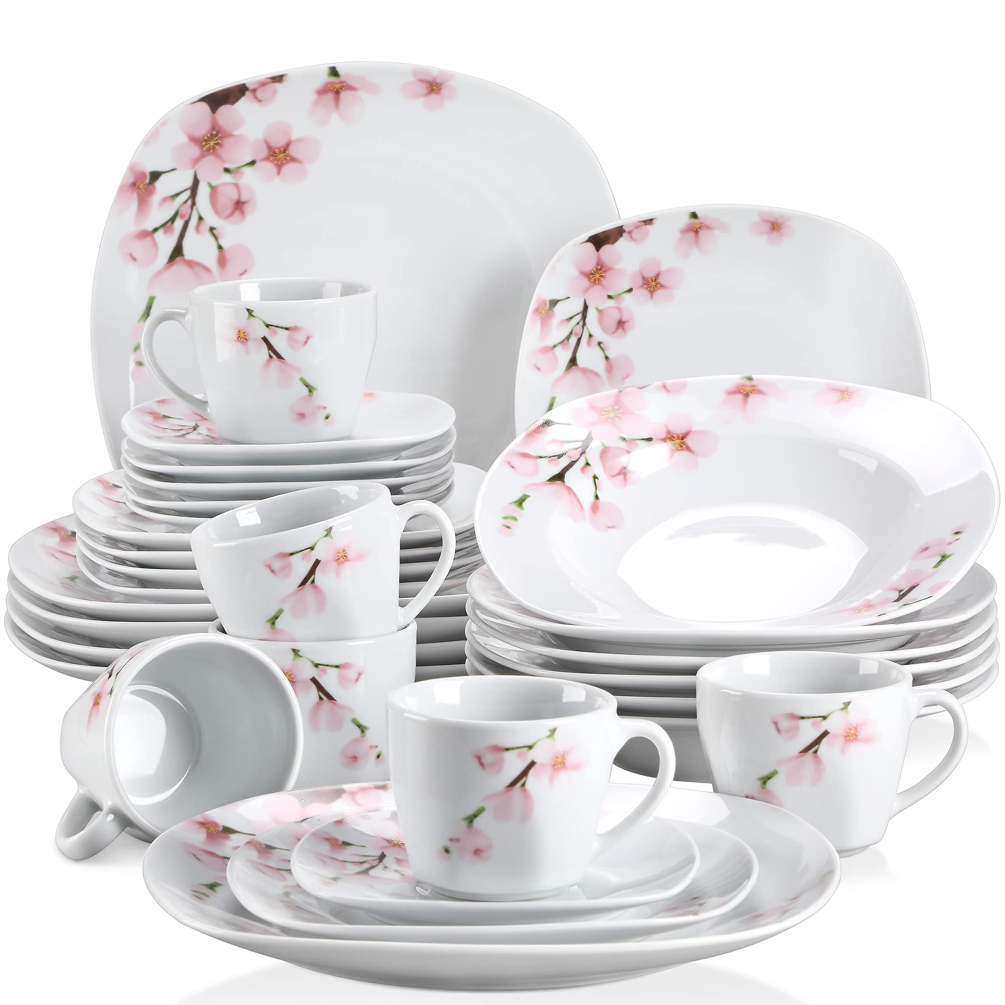 VEWEET Annie Series 30-Piece Porcelain Dinnerware Set for 6 - Elegant White with Pink Floral Design, Includes Dinner Plates, Dessert Plates, Soup Bowls, Cups & Saucers - Perfect for Family Dinners, Bridal Showers & Formal Dining