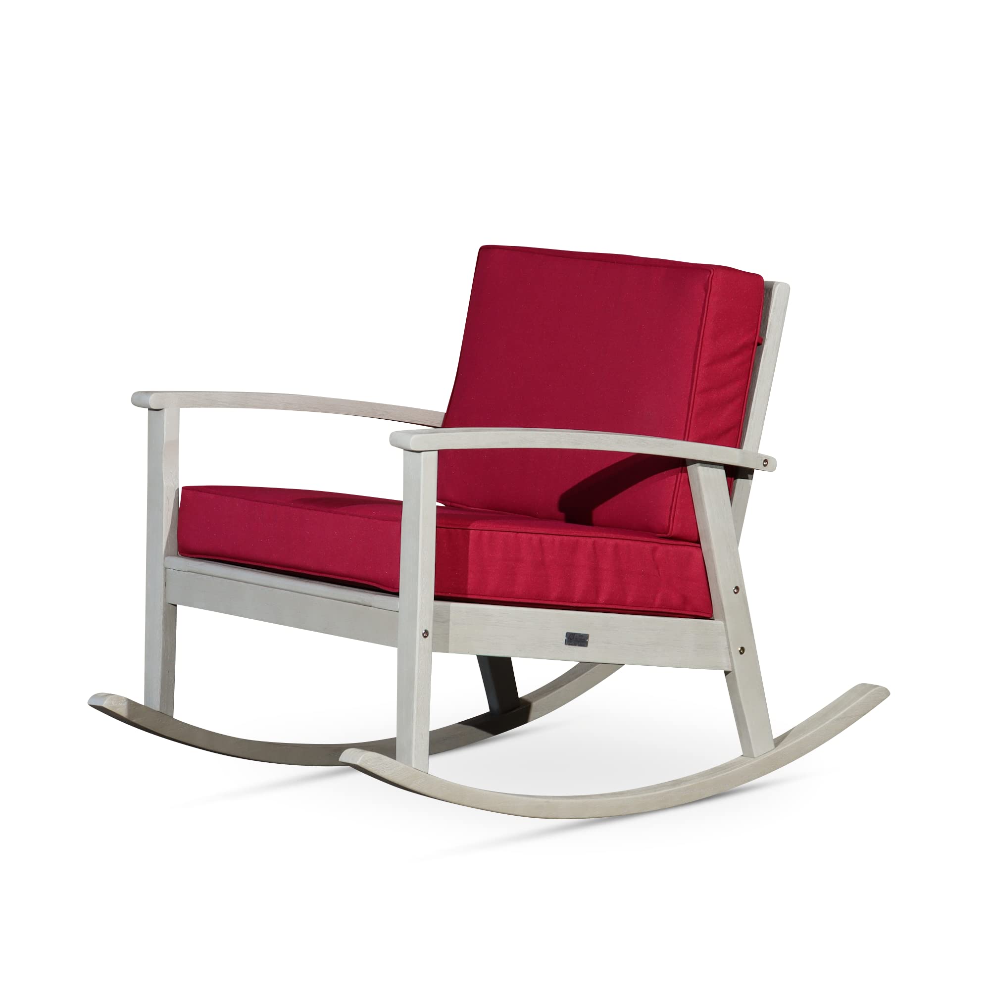 DTY Outdoor Living Longs Peak Deep Seat Eucalyptus Rocker - Driftwood Gray Finish with Burgundy Cushions | Patio Rocking Chair for Porch, Garden & Backyard Relaxation