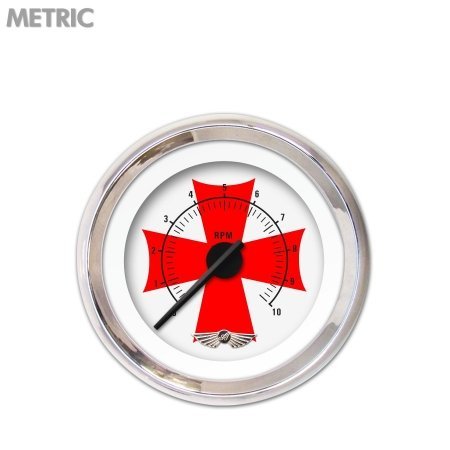 Aurora Instruments 6279 Iron Cross White Red Cross Tachometer Gauge - Black Modern Needles, Chrome Trim Rings, Style Kit Installed | Perfect for Motorcycle & Car Dashboard Customization