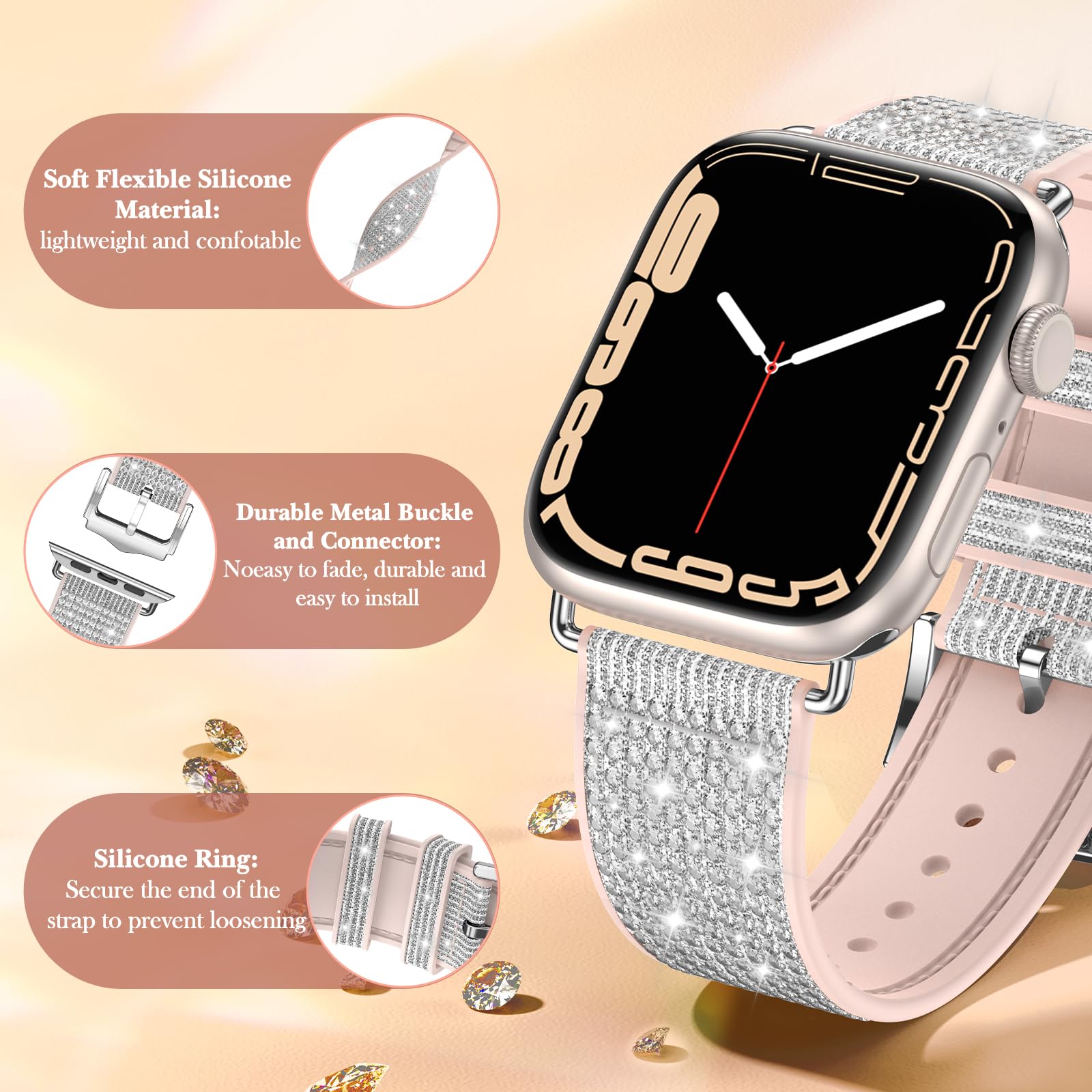 Sparkling Crystal Apple Watch Band for Women - Soft Glitter Silicone Strap Compatible with iWatch Series 9/8/7/6/5/SE (38mm 40mm 41mm) - Elegant Replacement Bracelet for Daily Wear & Special Occasions