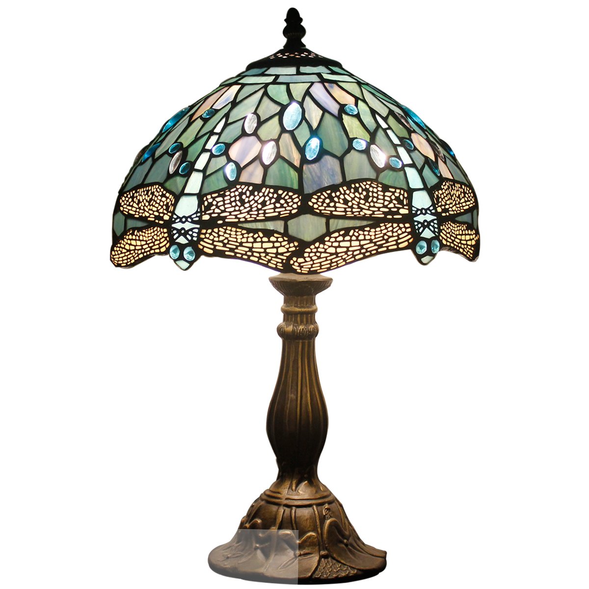 Tiffany Style Table Lamp 12x18 Inch with LED Bulb - Sea Blue Stained Glass Dragonfly Shade & Antique Base - Desk Lamp for Reading, Living Room, Bedroom, Study or Bar - Perfect Home Decor and Gift Idea for Art Lovers