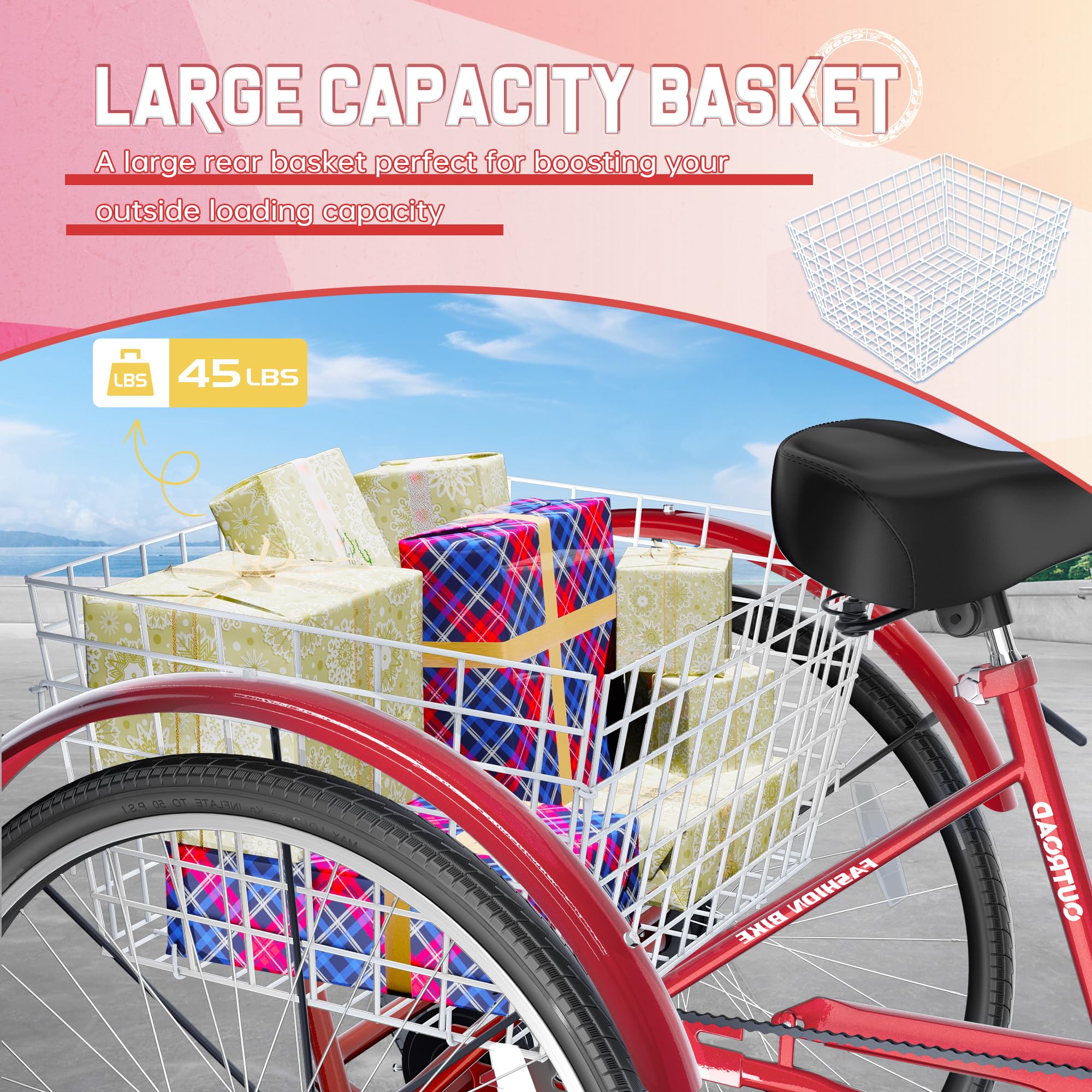 7 Speed Adult Tricycle - 24/26 Inch 3 Wheel Bike with Large Basket - Comfortable Cruiser Bike for Women, Men & Seniors - Perfect for Outdoor Riding, Grocery Shopping, Recreation & Picnics