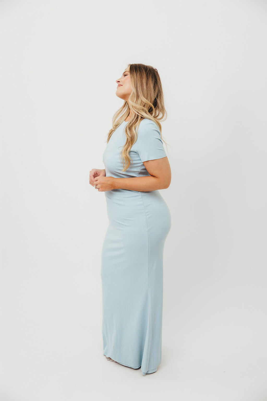 Stylish Baby Blue Ribbed Maxi Dress - Bump Friendly Maternity Dress for Pregnancy, Nursing & Special Occasions | Comfortable & Flattering for Everyday Wear