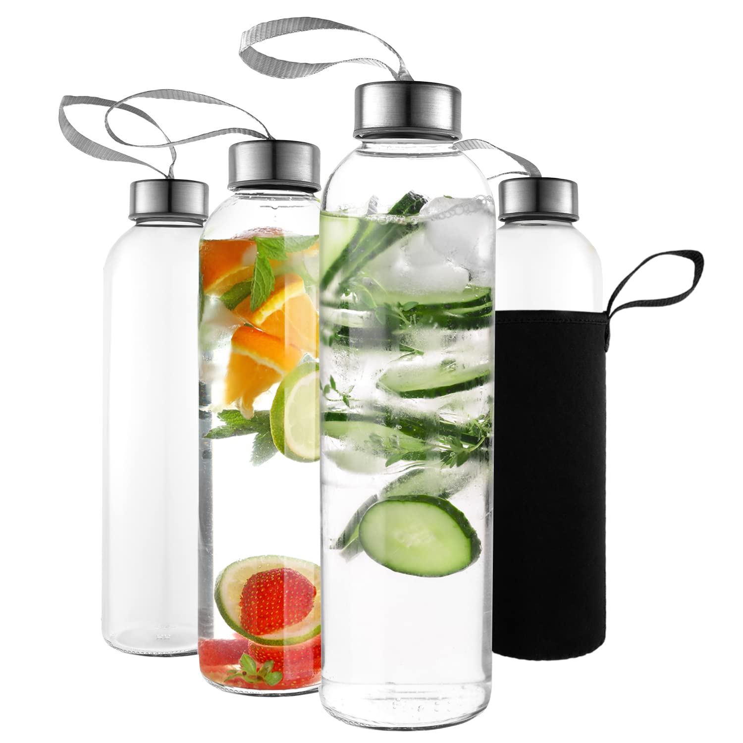 18oz Glass Water Bottles with Nylon Sleeves - 4 Pack BPA Free, Airtight Screw Top Lids & Carrying Loops - Perfect for Water, Juice, Smoothies & Milk - Ideal for Gym, Office, Hiking & Travel