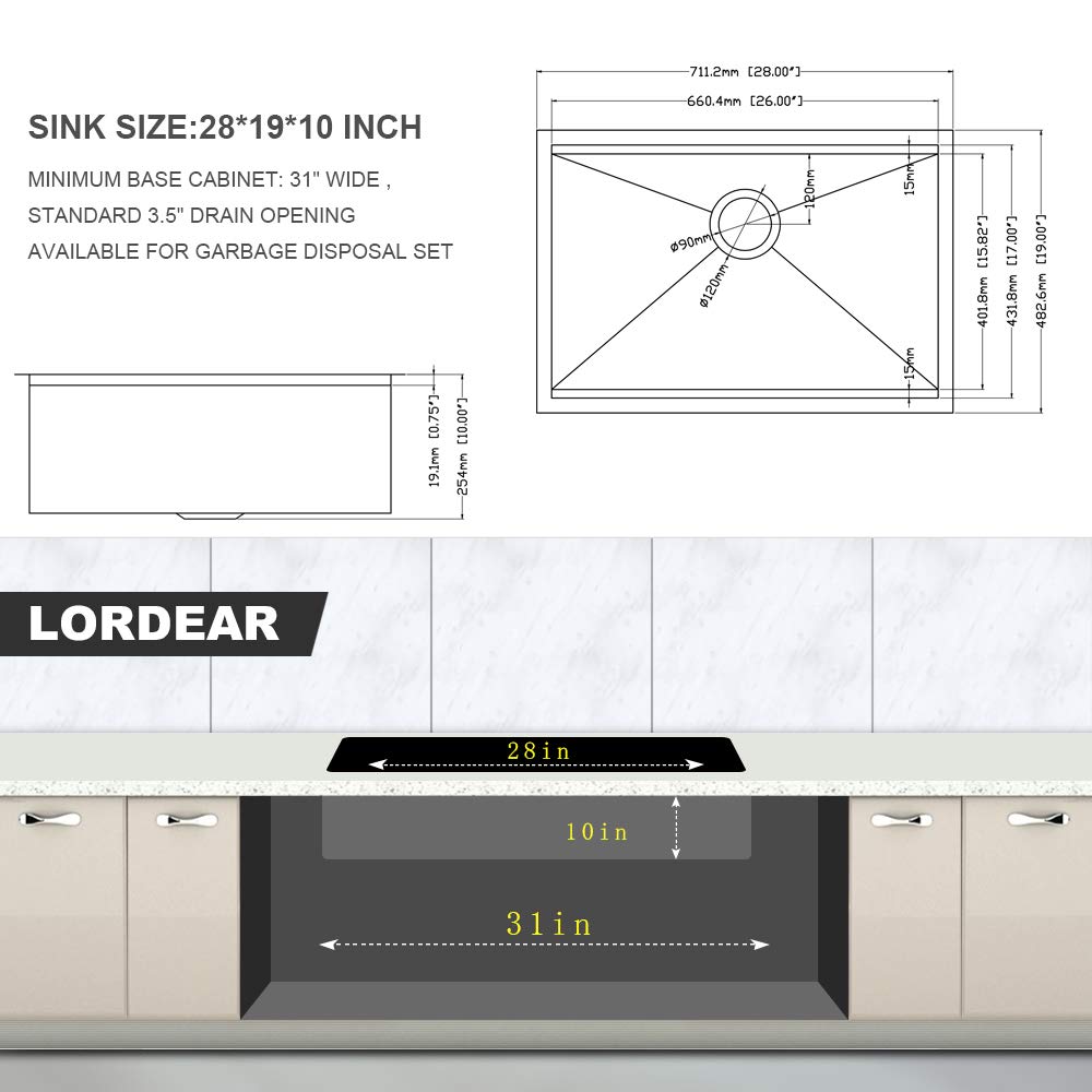 Lordear 28-Inch Undermount Kitchen Sink - 16 Gauge 304 Stainless Steel Single Bowl Workstation Sink with Drainboard - Heavy Duty Under Counter Sink for Modern Kitchens & Restaurant Prep Areas