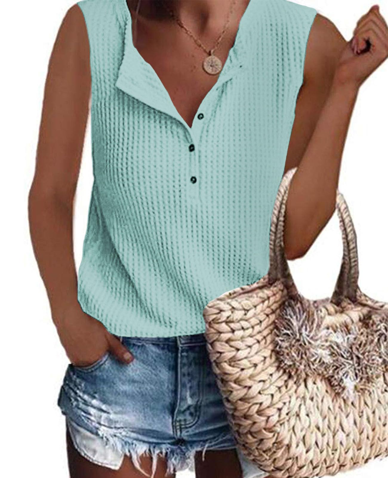 Women's Casual Sleeveless V-Neck Waffle Knit Tank Top - Breathable Summer Shirt for Women, Aqua Blue | Perfect for Beach Outings, Weekend Brunch & Casual Wear