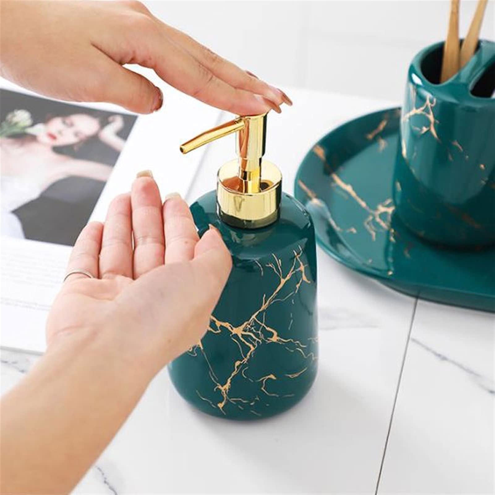 6-Piece Ceramic Refillable Liquid Hand Soap Dispenser Set - Bathroom Accessories for Home, Hotel & Restroom (Includes Soap Dispenser, Toothbrush Holder, Tumbler, Soap Dish & Tray) - Perfect for Modern Bathrooms & Guest Washrooms