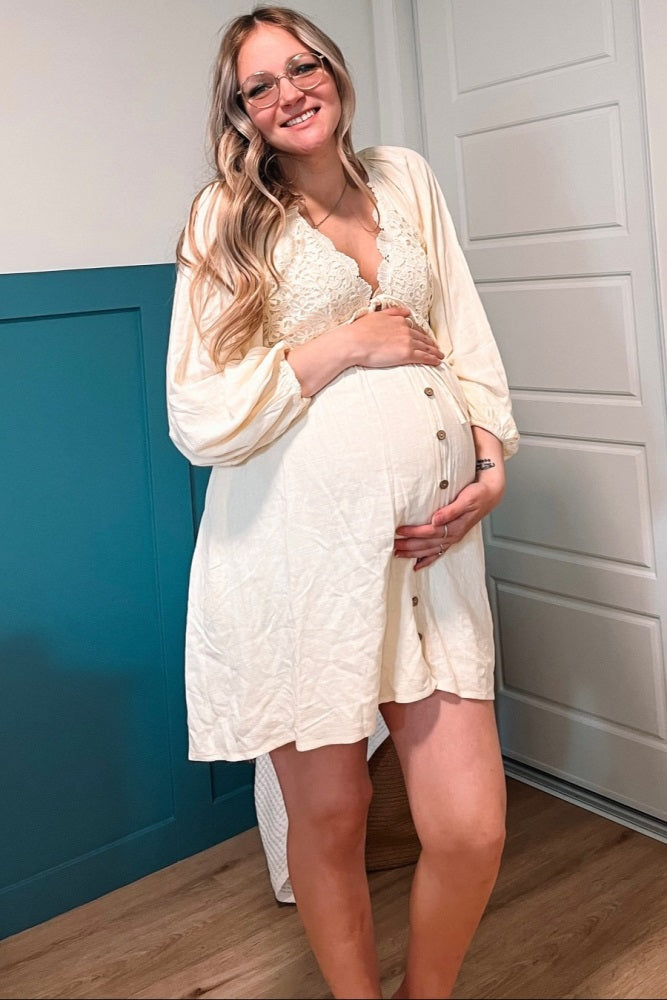 Beige Crochet Lace Button Front Maternity Dress for Pregnancy Photos, Baby Shower & Special Occasions - Comfortable Nursing Dress for Expecting Mothers