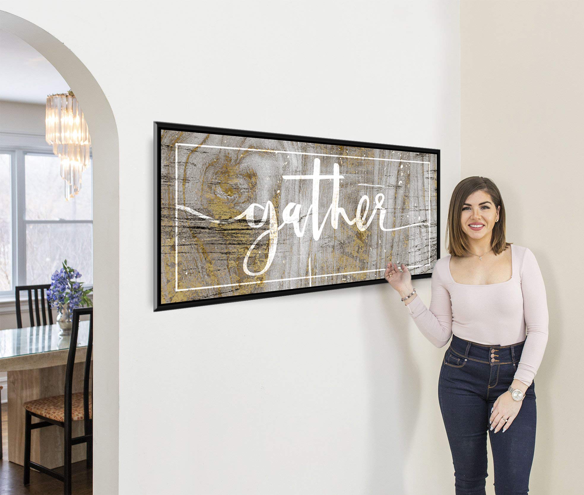 Farmhouse Style 'Gather' Pantry Sign - Gold Yellow & Black Floating Frame Wall Art (60x27) - Rustic Kitchen Decor, Dining Room & Living Room Pictures - Perfect for Home, Farmhouse, and Country Style Decorations