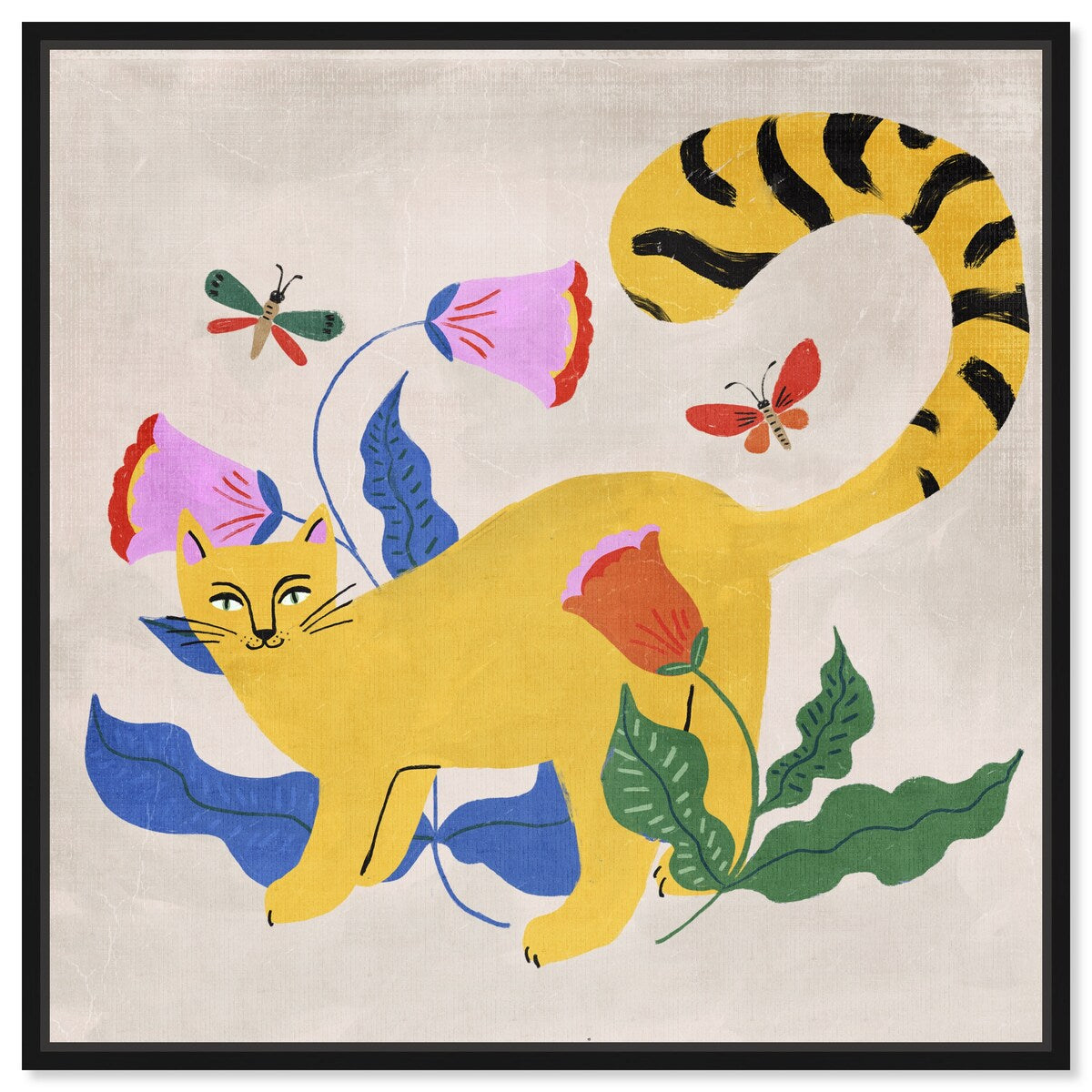 Blonde Tabby Floral Kitten Butterfly Garden Modern Yellow Framed Canvas Wall Art Print - Home Decor for Bedroom, Living Room & Nursery