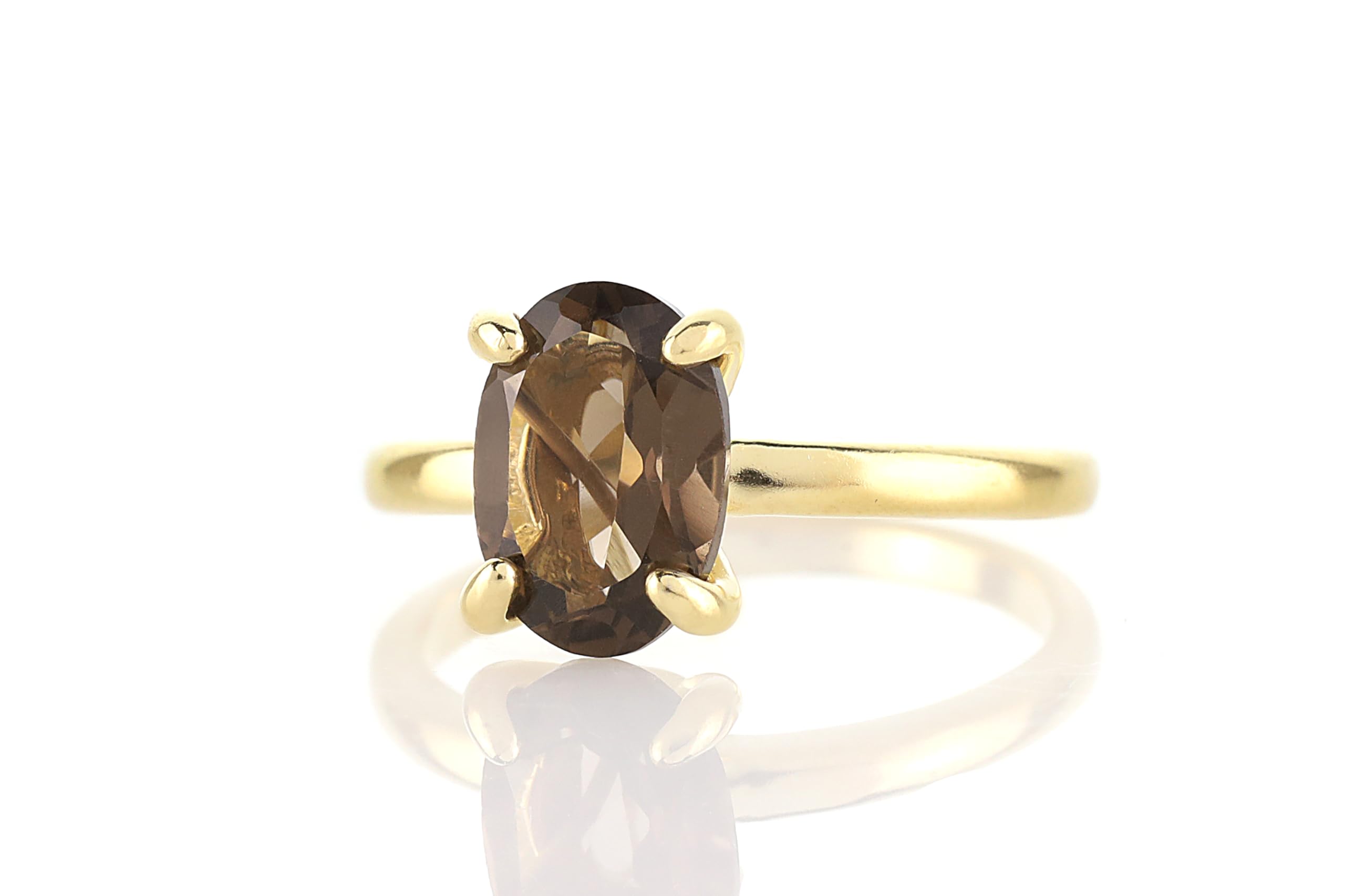 Smoky Quartz Prong Ring - Handmade Delicate Yellow Gold Gemstone Ring for Women | Stackable Fashion Jewelry | Unique Anniversary & Engagement Gift with Box | Perfect for Weddings, Parties & Everyday Wear