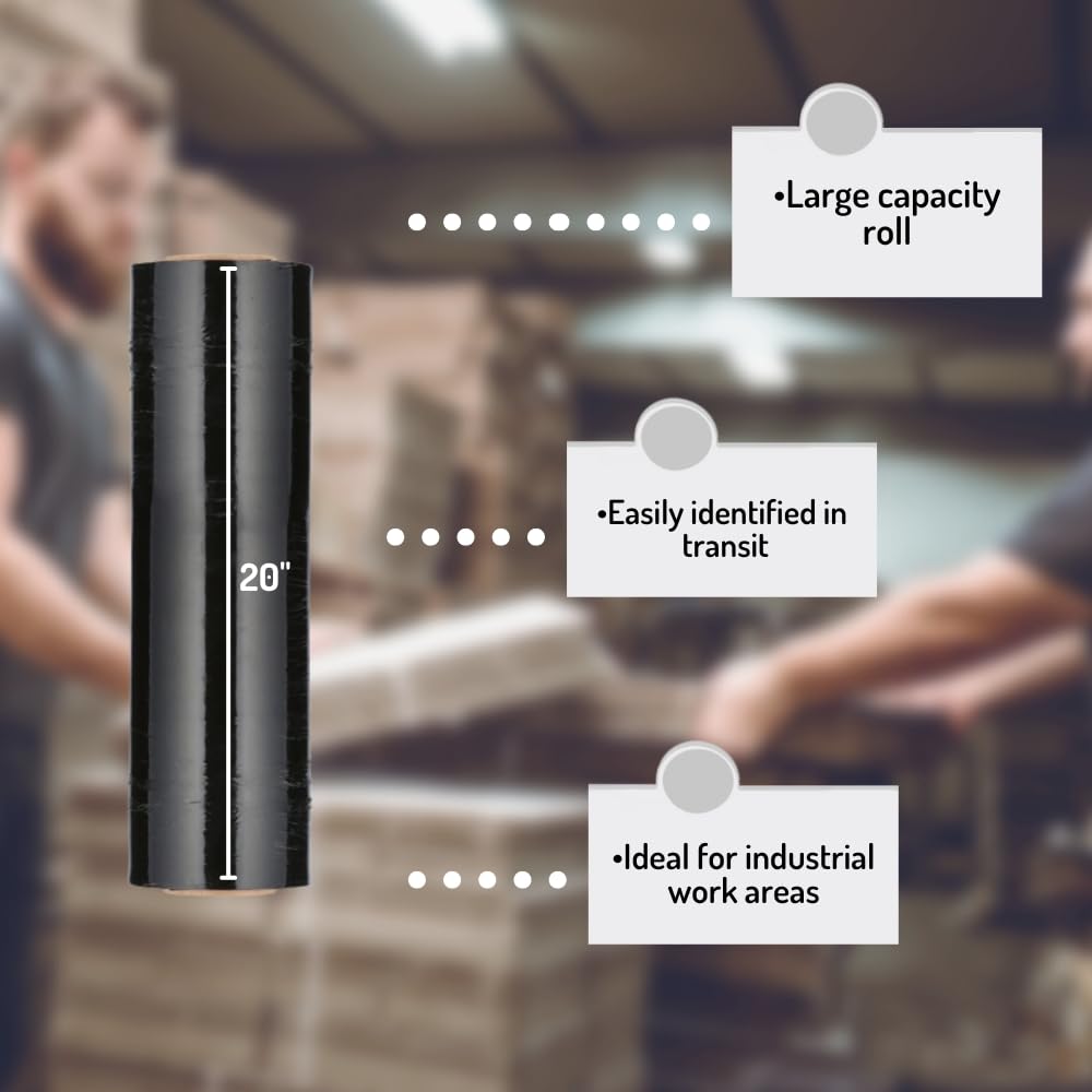 MMBM Black Stretch Wrap Film - 20 Inch x 5000 Feet, 80 Gauge, 2 Pack - Heavy Duty Colored Plastic Cling Film for Pallet Wrapping & Color Coding - Perfect for Warehouse, Shipping & Industrial Packaging