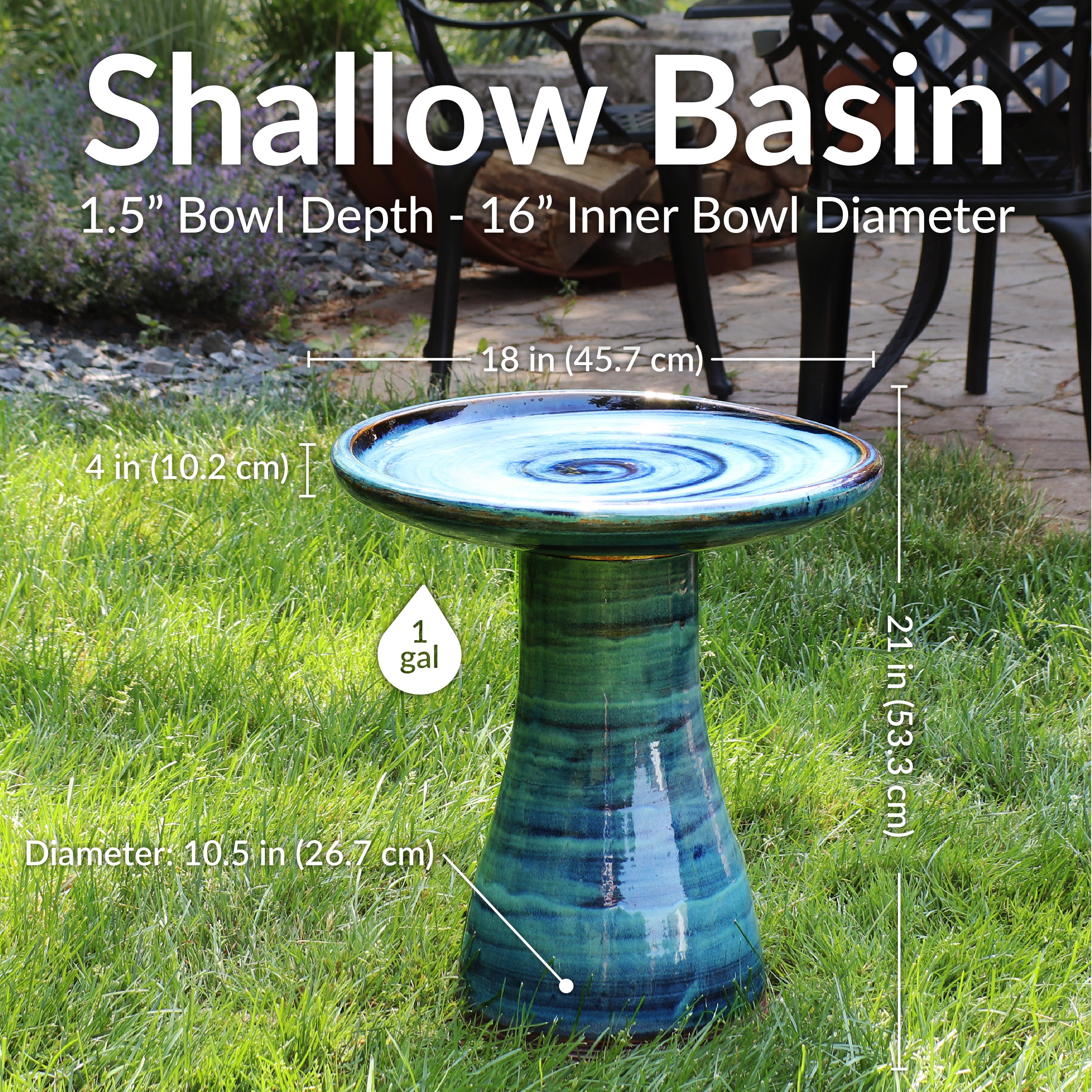 Sunnydaze 18 Inch Glazed Ceramic Outdoor Bird Bath - Garden Decor for Attracting Birds & Enhancing Outdoor Spaces