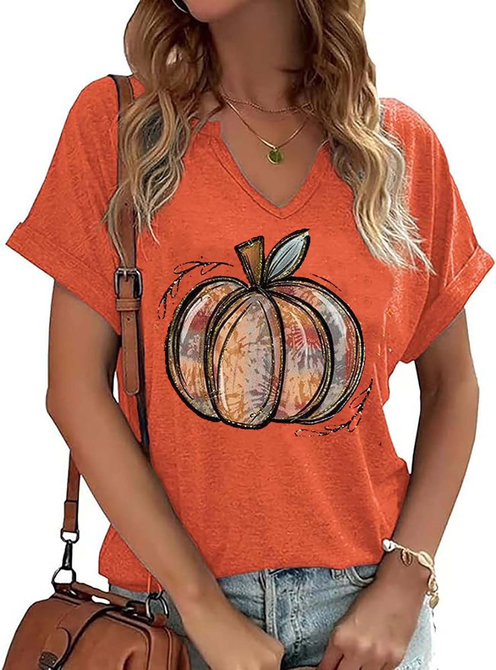 Women's Fall Pumpkin Graphic Tee - Thankful Grateful Blessed Thanksgiving T-Shirt - Cute Halloween Pumpkin Shirt for Women - Perfect for Autumn Outfits, Thanksgiving Gatherings & Halloween Parties