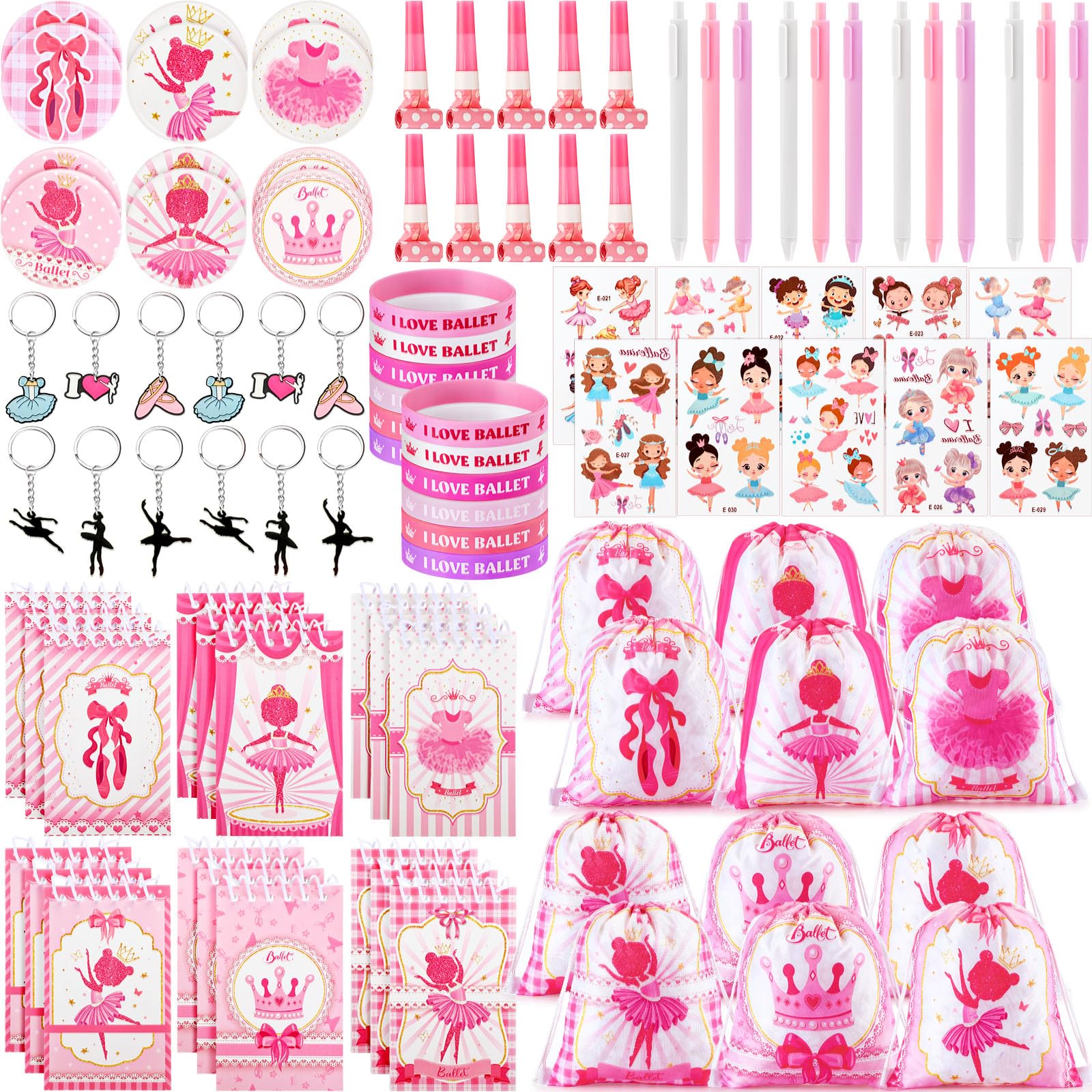 Yeaqee 98 Pcs Ballerina Party Favors Kit - Ballet Drawstring Backpacks, Silicone Bracelets, Keychains, Blowouts, Spiral Notebook, Retractable Pens & Tattoos for Dance Recitals, Ballet Birthday Parties & Girls Celebration Events