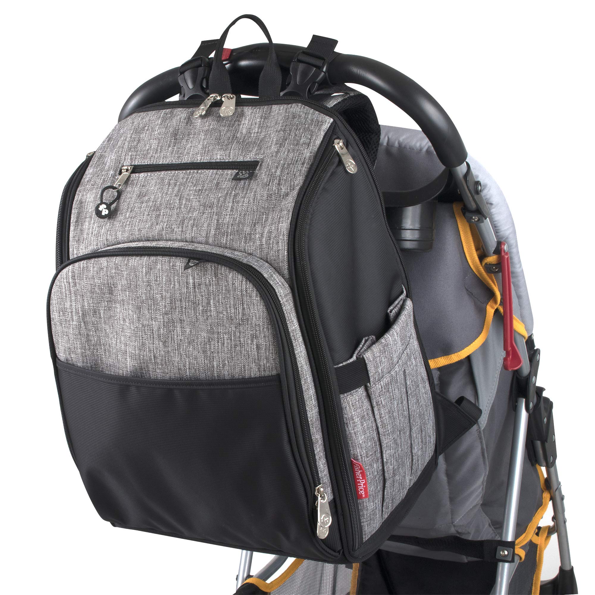 Fisher Price Diaper Bag Backpack with Changing Pad & Stroller Straps - Large Gray Baby Bag for Parents | Perfect for Travel, Daycare & On-the-Go Diaper Changes