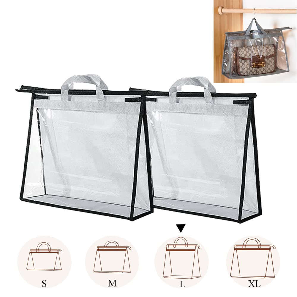 2PCS Clear Non-Woven Dust Bags for Handbags & Purses - Zippered Hanging Storage Organizer with Handle (Large, Light Grey) - Perfect for Closet Organization & Luxury Bag Protection
