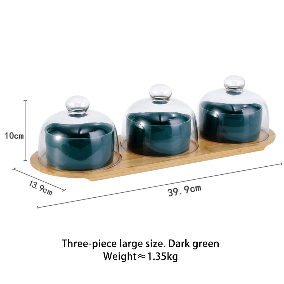 Premium Ceramic Fruit Bowl Set - 3 Piece Large Bamboo Wooden Salad Serving Bowls for Coffee Table, Dessert & Snacks - Elegant Dark Green Kitchen & Dining Decor for Home Entertaining