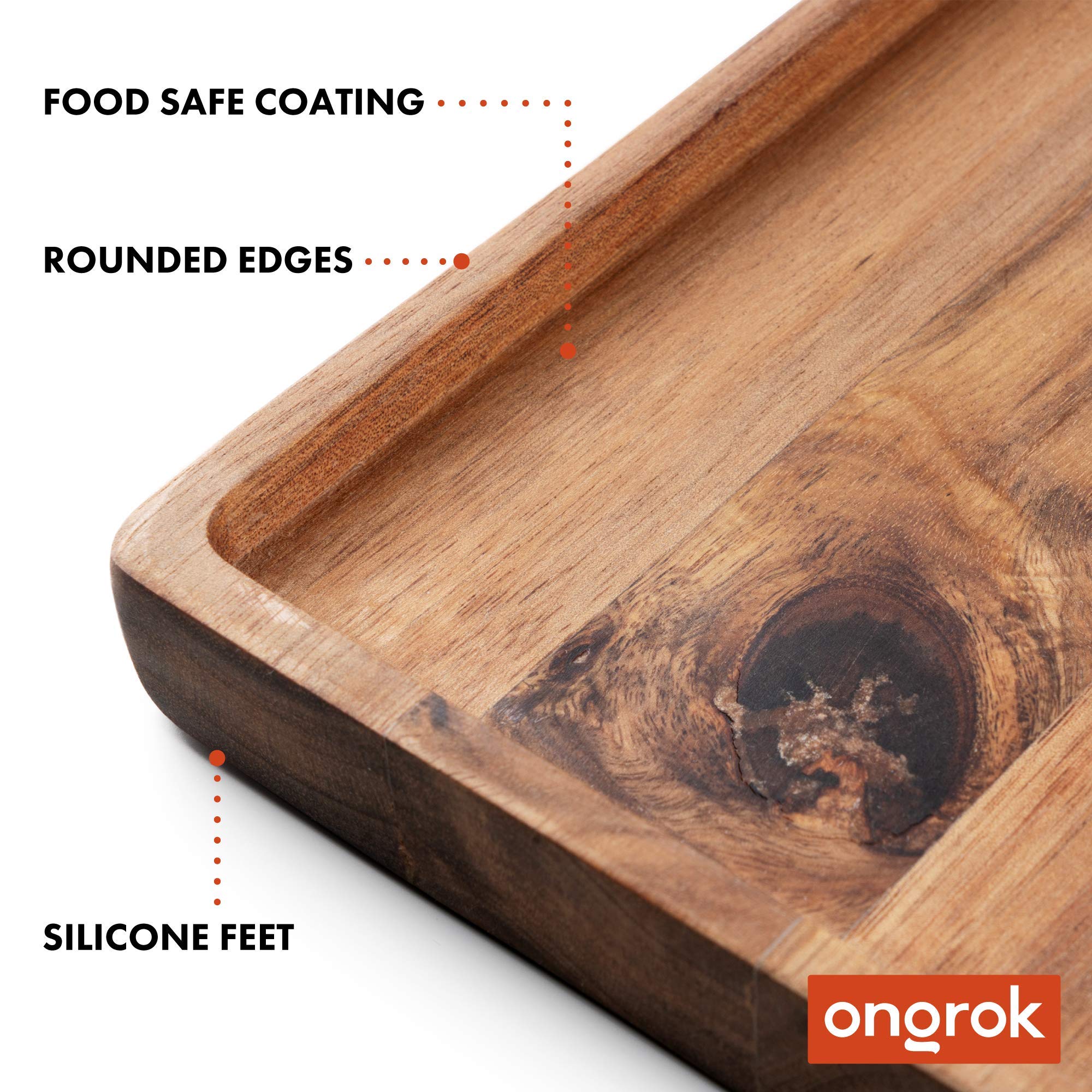 ONGROK Natural Acacia Wood Serving Tray - Handmade Sustainable Wooden Tray with Leaf Design, 9.5